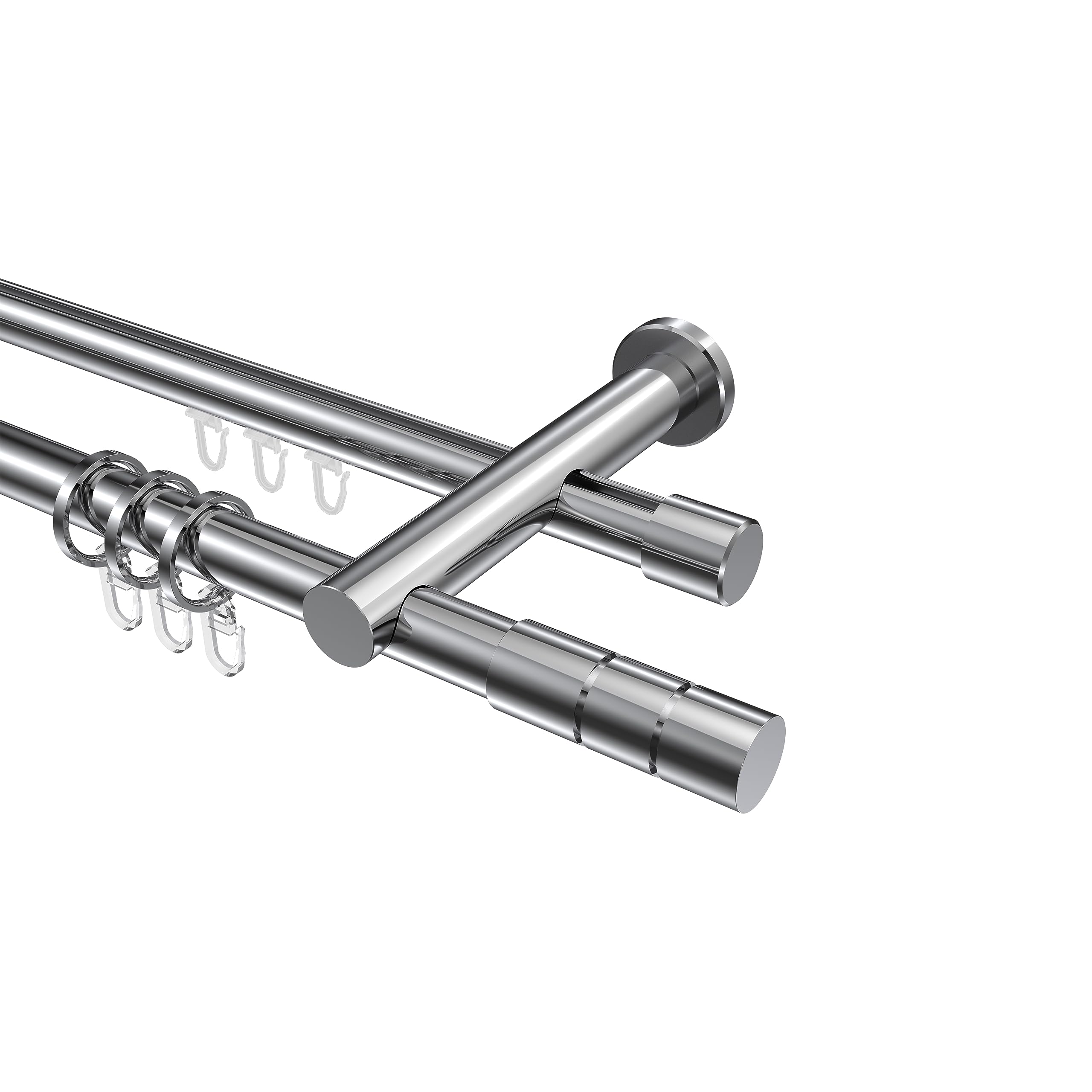 INTERDECO Rundrohr-Innenlauf-Gardinenstange 20 mm 2-läufig, moderne Rohr-Innenlaufstange aus Metall, Chrom, zur Wandmontage, Typ 10223812, 320 cm