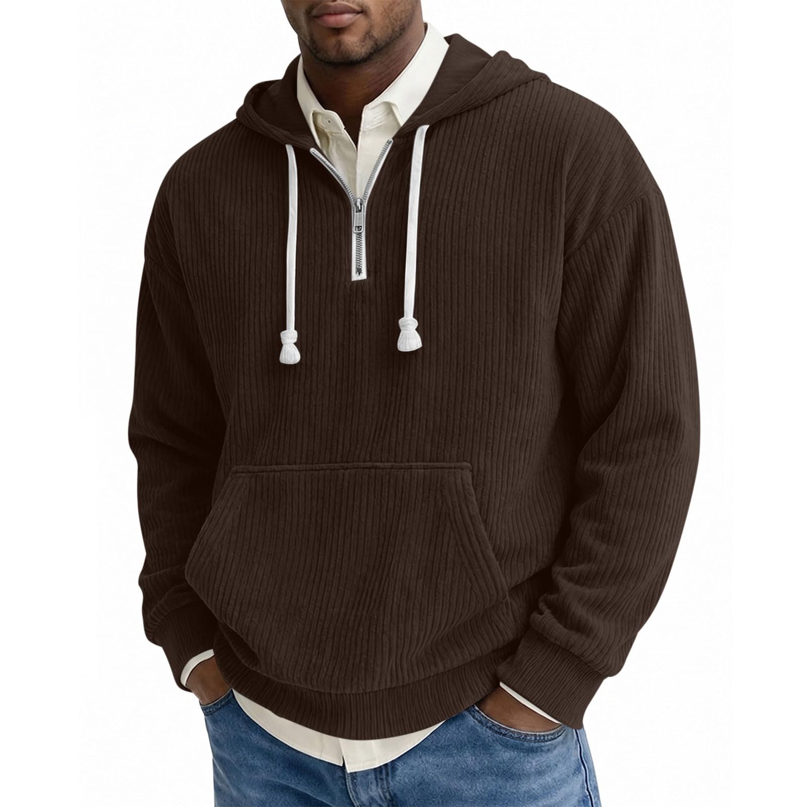 Sweat à Capuche Homme, Poche Kangourou, Velours Côtelé, Manches Longues