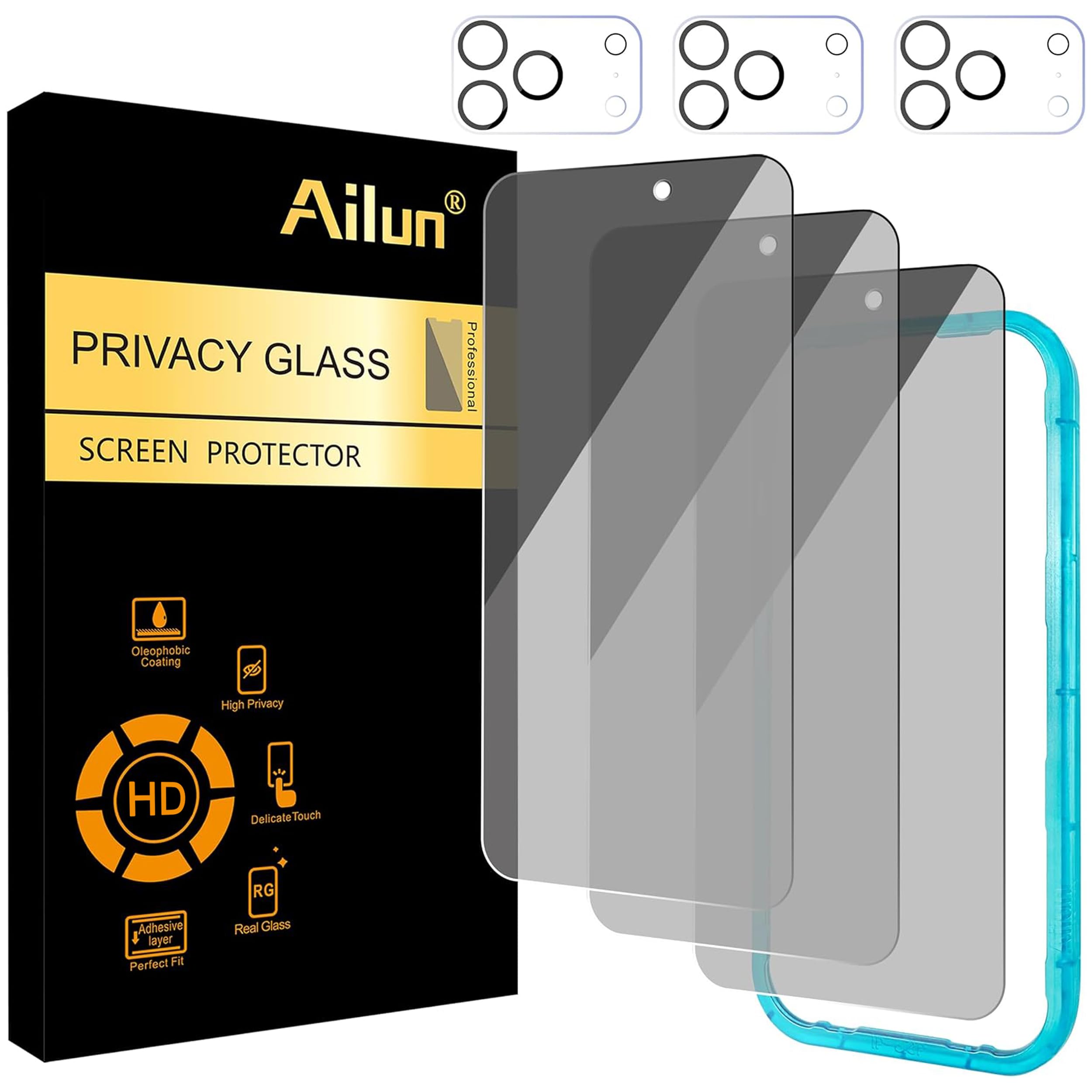 Ailun 3 Pack for iPhone 17 Pro Privacy Screen Protector [6.3 inch]+ 3 Pack Camera Lens Protector with Installation Frame,Dynamic Island Compatible,Anti Spy Tempered Glass[9H Hardness]-HD