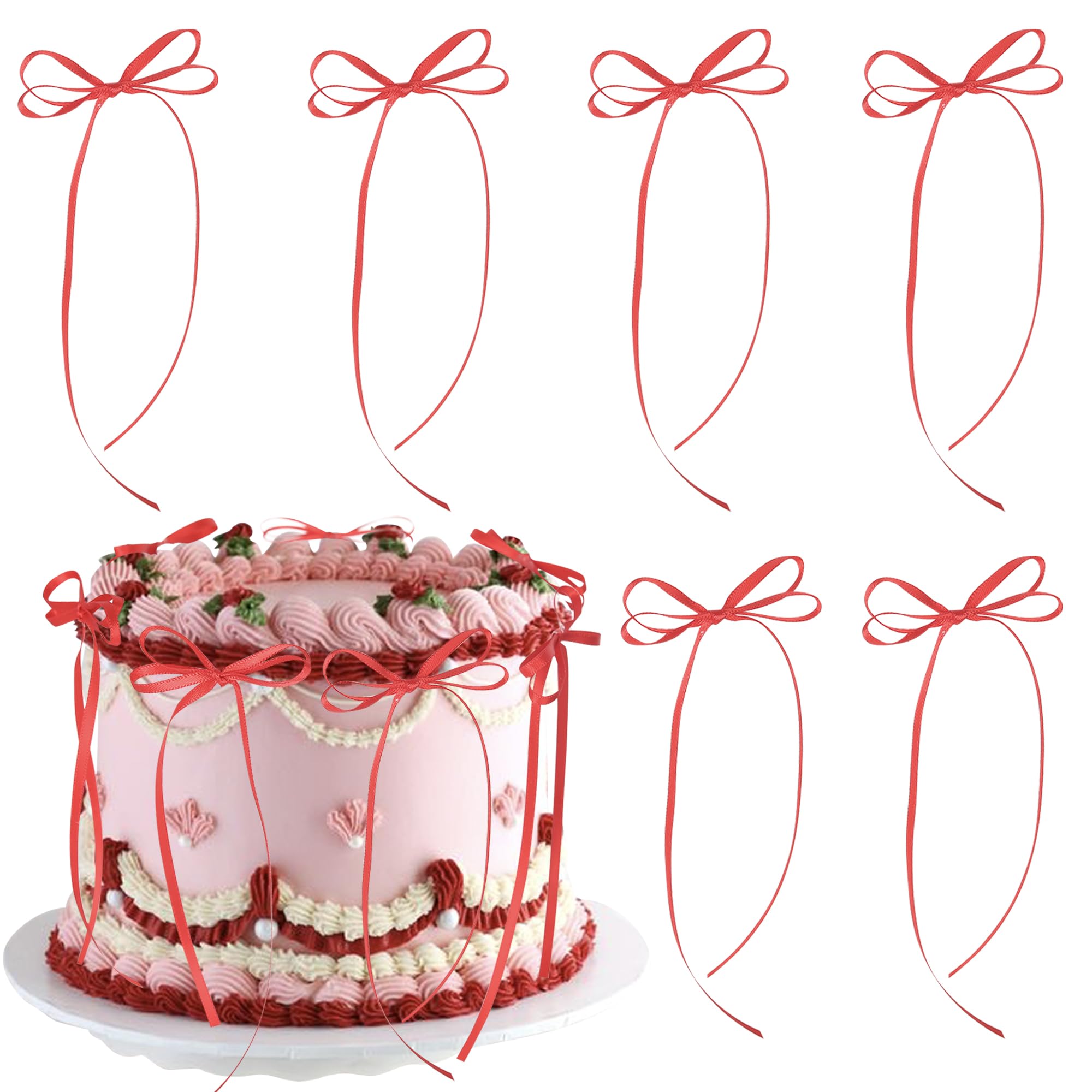 Xsstarmi 10 Pack Red Bowknot Theme Cake Topper for Girls, Baby Shower, Wedding & Anniversary Parties