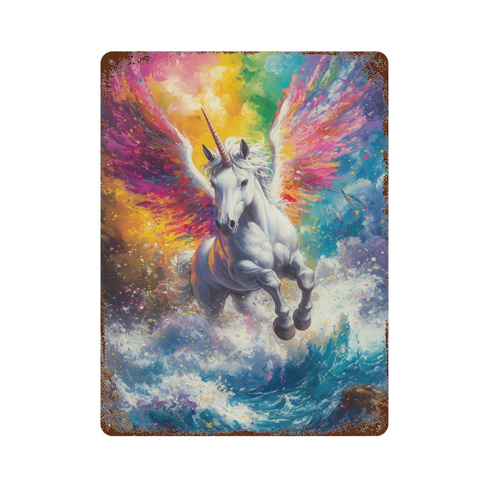 Rainbow Unicorn Rustic Tin Plaque 15.7"x11.8", Ideal for Cafe, Home Bar And Lounge Decor