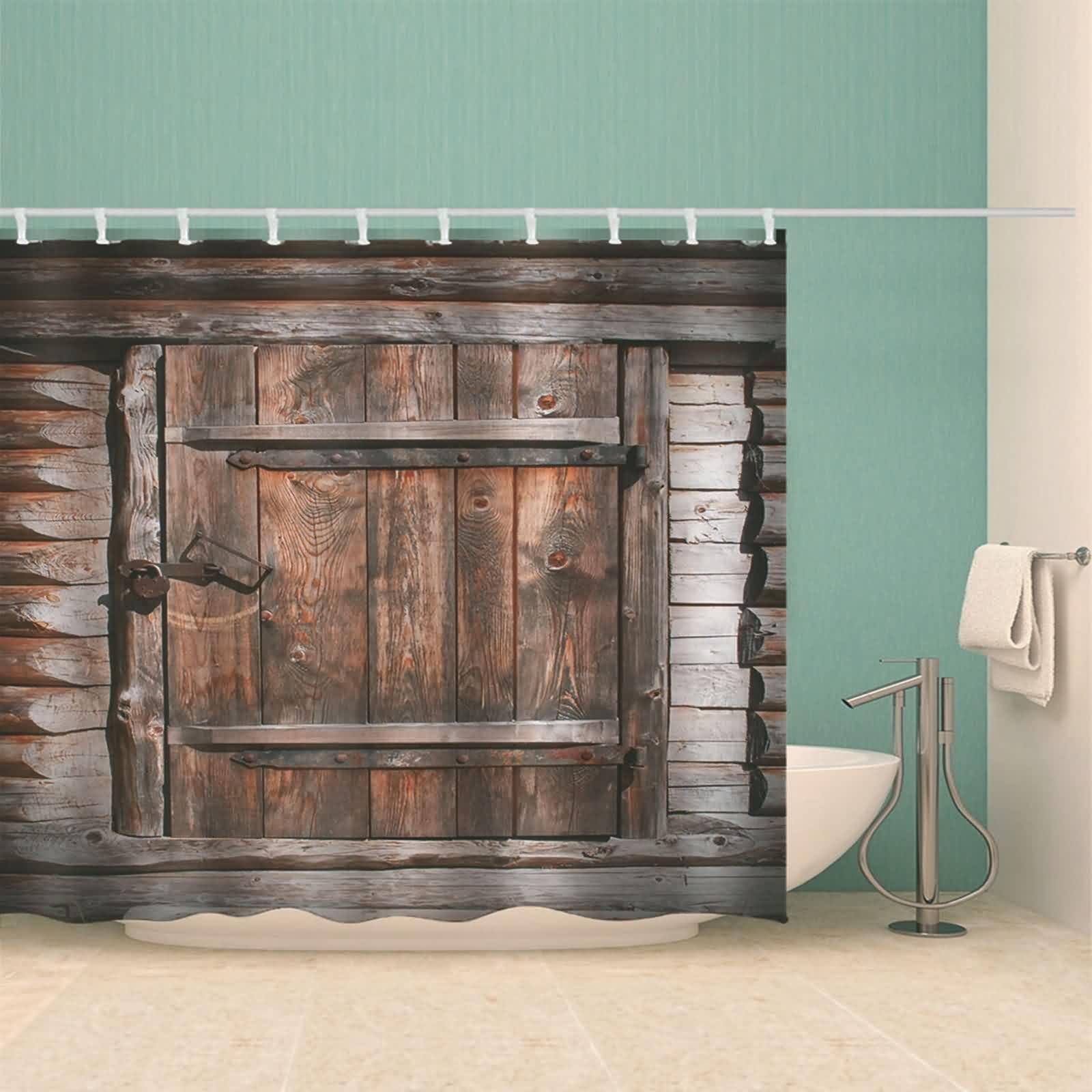 Cortina de ducha de tela textil marrón, con bloqueo de ventana de madera, patrón de ventana antimoho, cortina de baño de poliéster, resistente al agua, lavable, cortinas de ducha en el baño