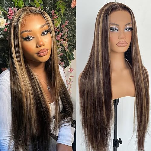 Miniatura 1 de Peluca de encaje frontal con reflejos 427, predepilada, densidad 180, rubio miel, pelucas largas y rectas de encaje frontal, pelucas sintéticas sin