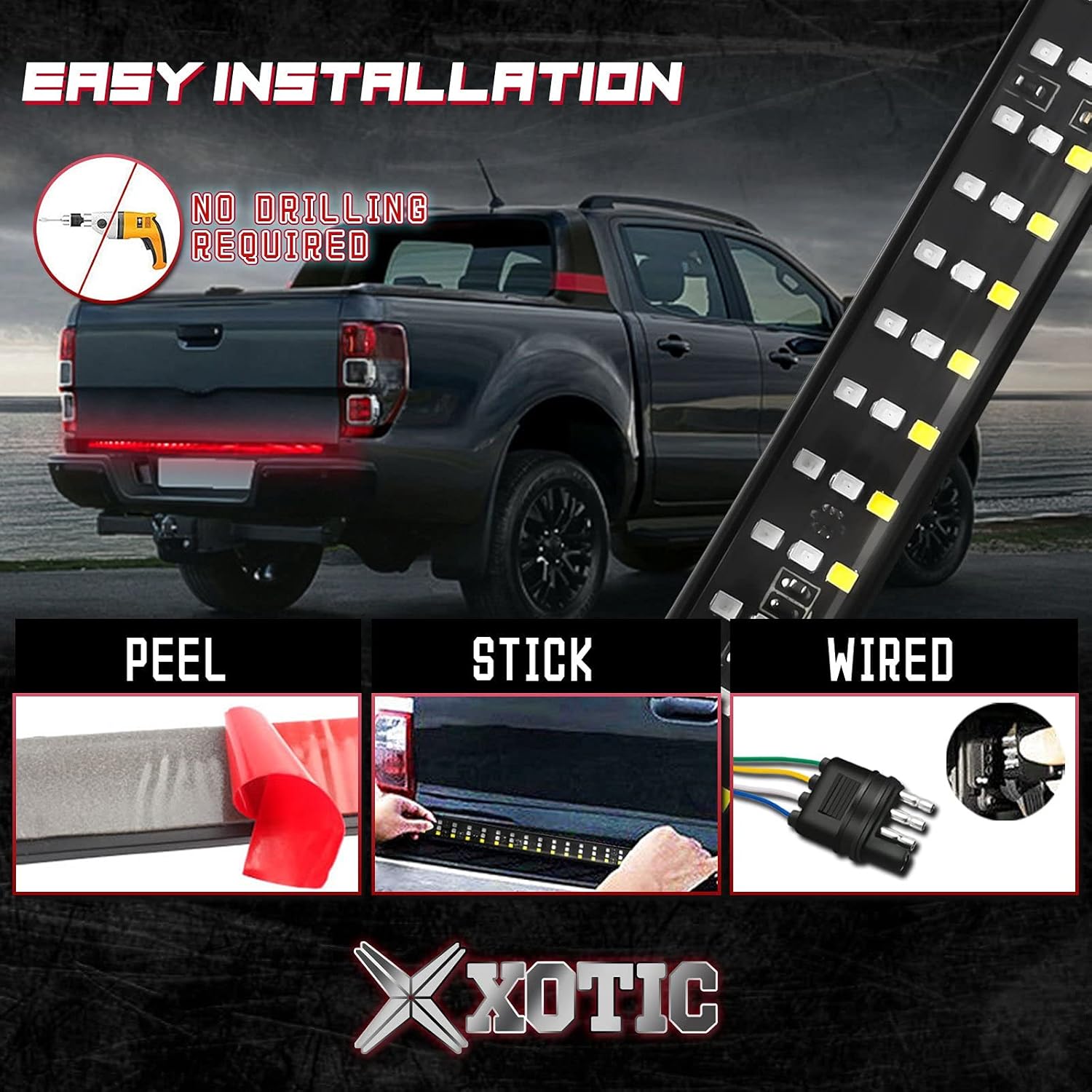 x xotic tech 1pc 432-SMD 5-Functions Flowing LED Tailgate Strip Light for Turn Signal, Brake, Running, Reverse and Double Flash Compatible with Pickup Trucks Trailers RV Van, Amber/Red/White (48")