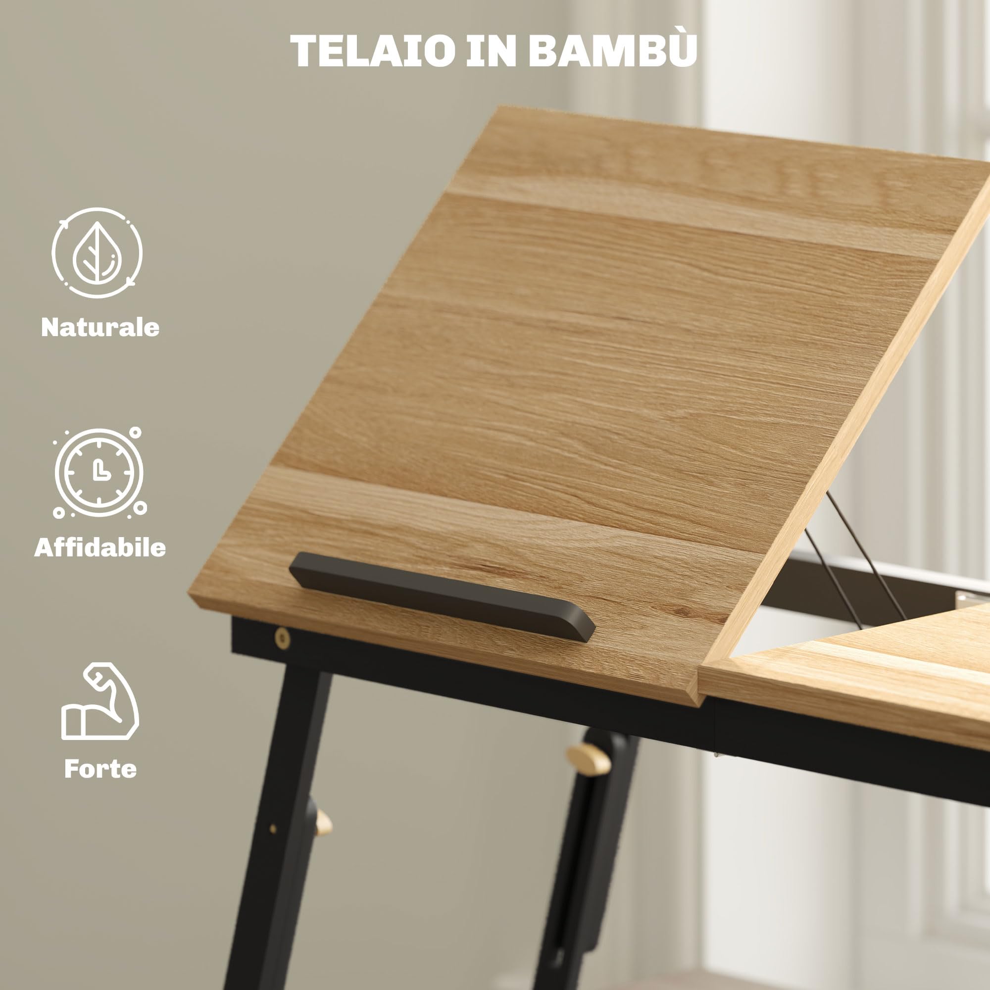 HOMCOM Supporto Monitor Inclinabile e ad Altezza Regolabile con Cassetto Laterale, Porta Monitor PC Pieghevole in Bambù e MDF, 83.5x33x23.5-34 cm, Rovere e Nero