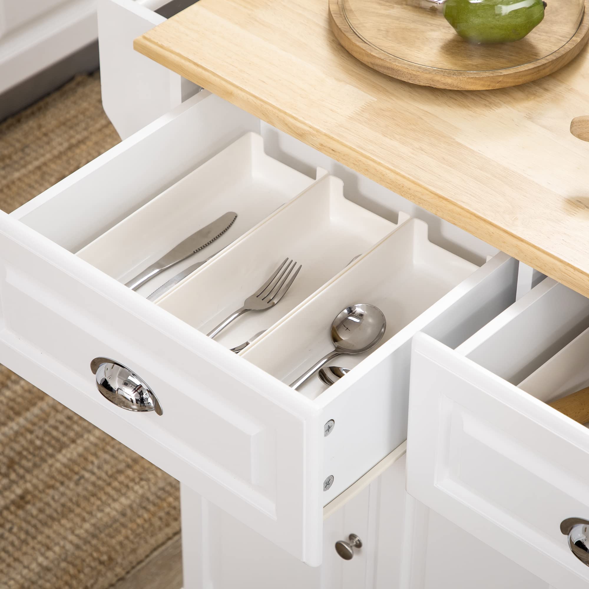 HOMCOM Ilot de Cuisine Chariot de Cuisine à roulettes Desserte Polyvalent avec 2 tiroirs 3 Portes Porte-Serviettes et Porte-épices pour Salle à Manger dim. 110L x 45l x 91H cm Blanc