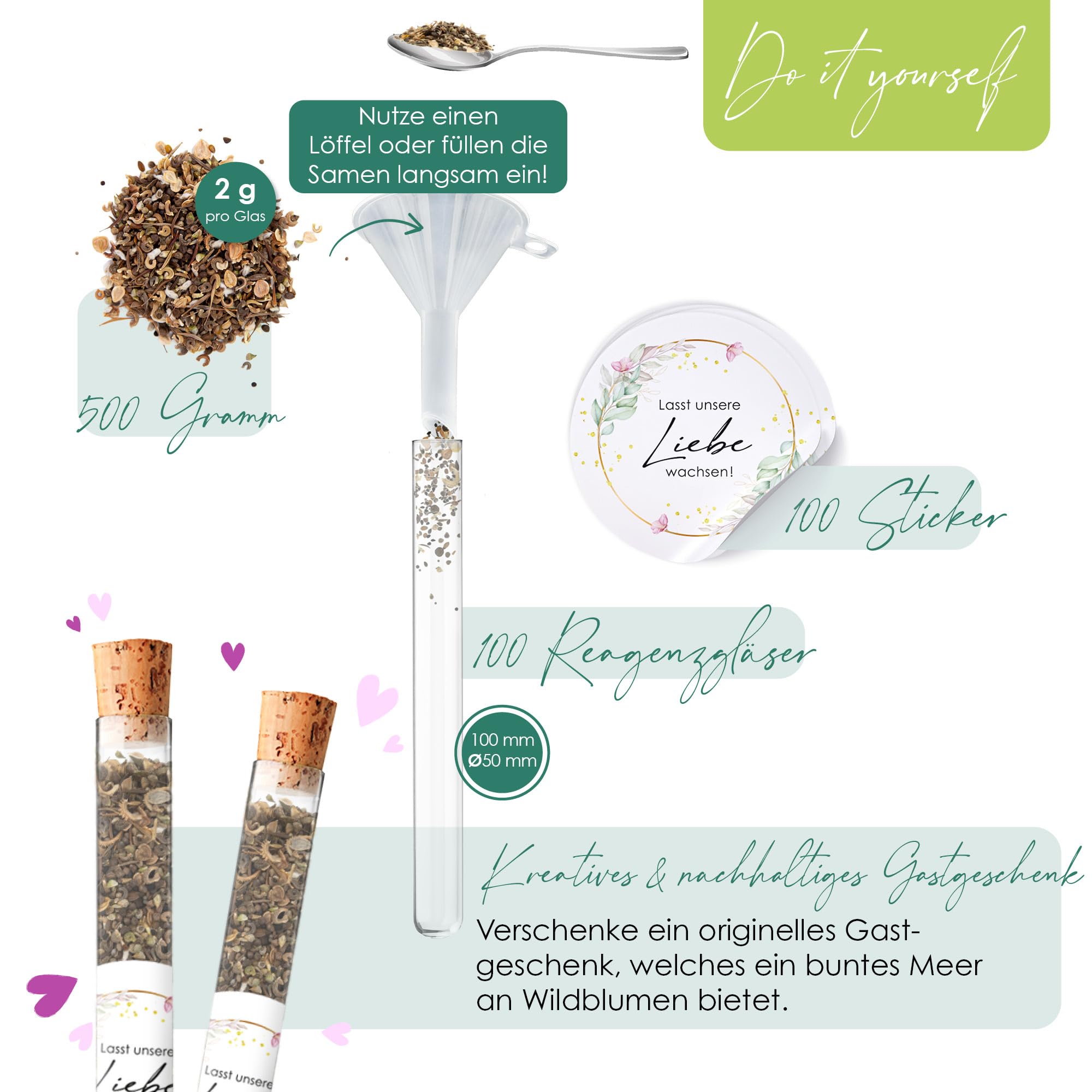 Tubos de ensayo con semillas de flores como regalo para bodas – Regalo especial de boda para invitados como regalo – Deja crecer nuestro amor, juego completo (juego de 100)