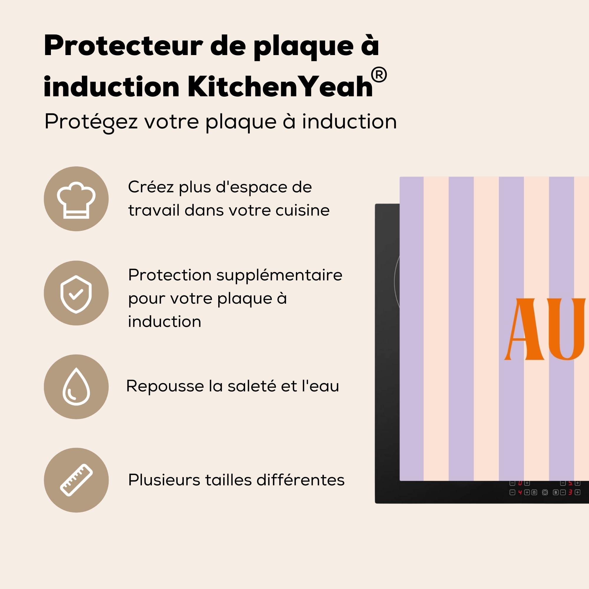 KitchenYeah© Protege Couvre Plaque De Cuisson Décoration Cuisine Tapis Protection Protecteur Induction 91x52 cm Lila - Orange - Rayures - Au revoir