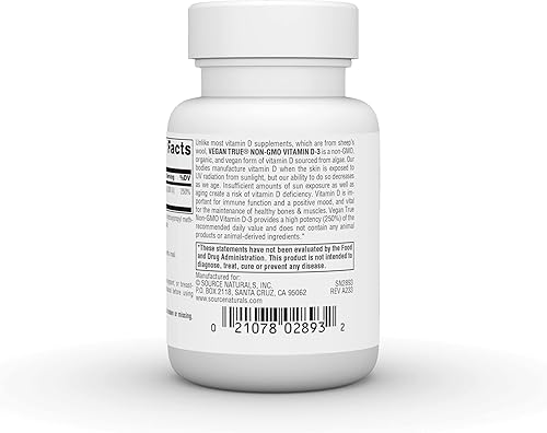 Miniatura 3 de Source Naturals Vegan True, Vitamina D-3 sin OMG, suplemento dietético para la salud inmunológica y ósea*, 2,000 UI - 30 cápsulas