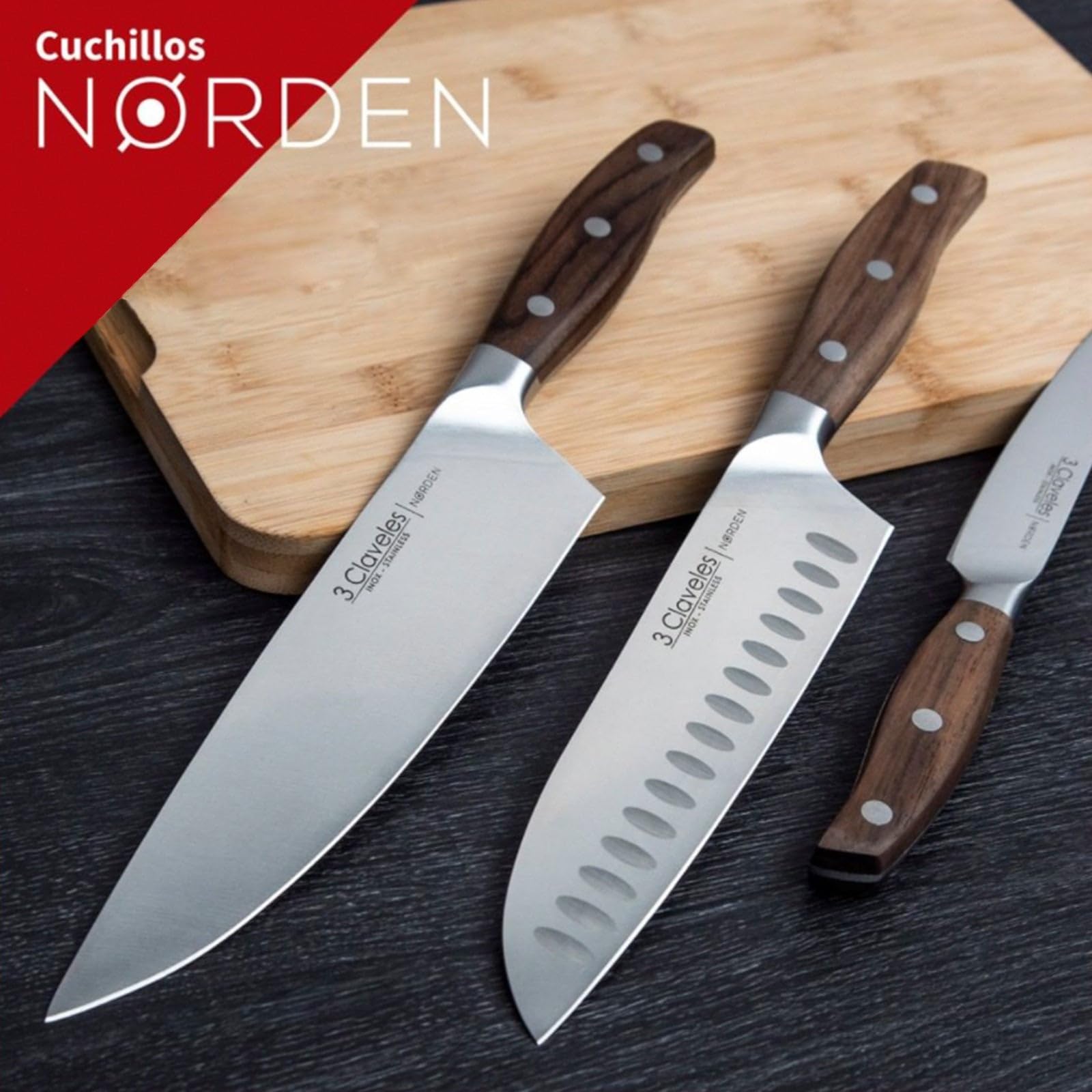 3 Claveles - Juego de 3 Cuchillos Profesionales en Acero Inoxidable Gama Norden, Selección Master Chef