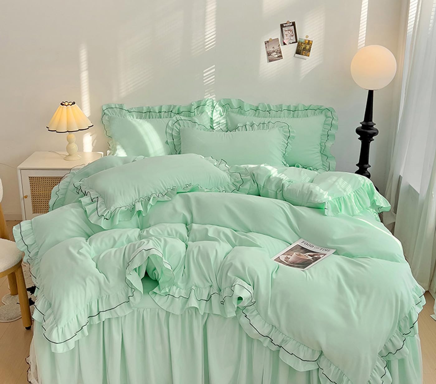 LMONMOO Green Duvet Cover Queen, Chic Lace Bedding Set with Double Ruffle, 3 Pieces Luxury Princess Style Comforter Cover Soft Breathable for Girls Kids Teen, All Season (Green, Twin)