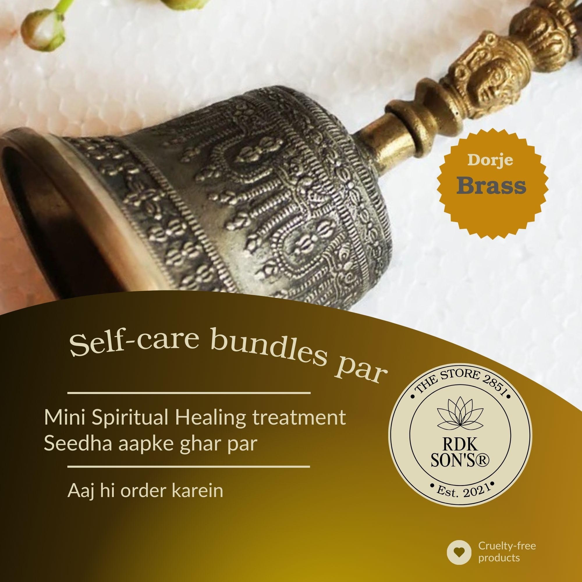 RDK SON'S Tibetan Buddhist Prayer Bell β Antique Brass Ghanta for Pooja, Meditation, Mindfulness, Yoga, Spiritual Healing, and Temple Worship | 5-Inch Ritual Bell for Home Altar Use 2