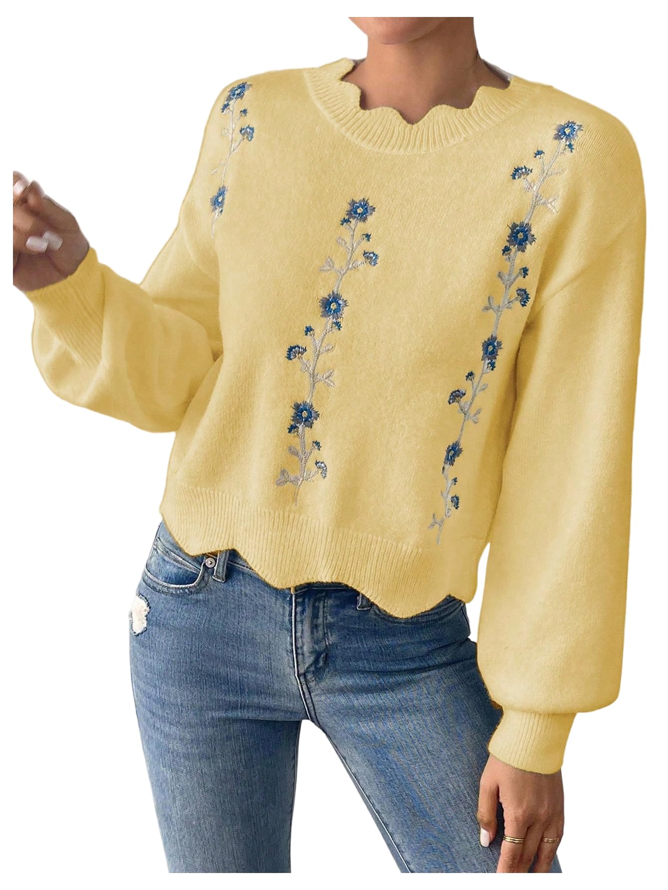 GORGLITTER Womens Fall Crochet Sweaters Lightweight Floral Long Sleeve Embroidered Knit Flower Cute Sweater Tops