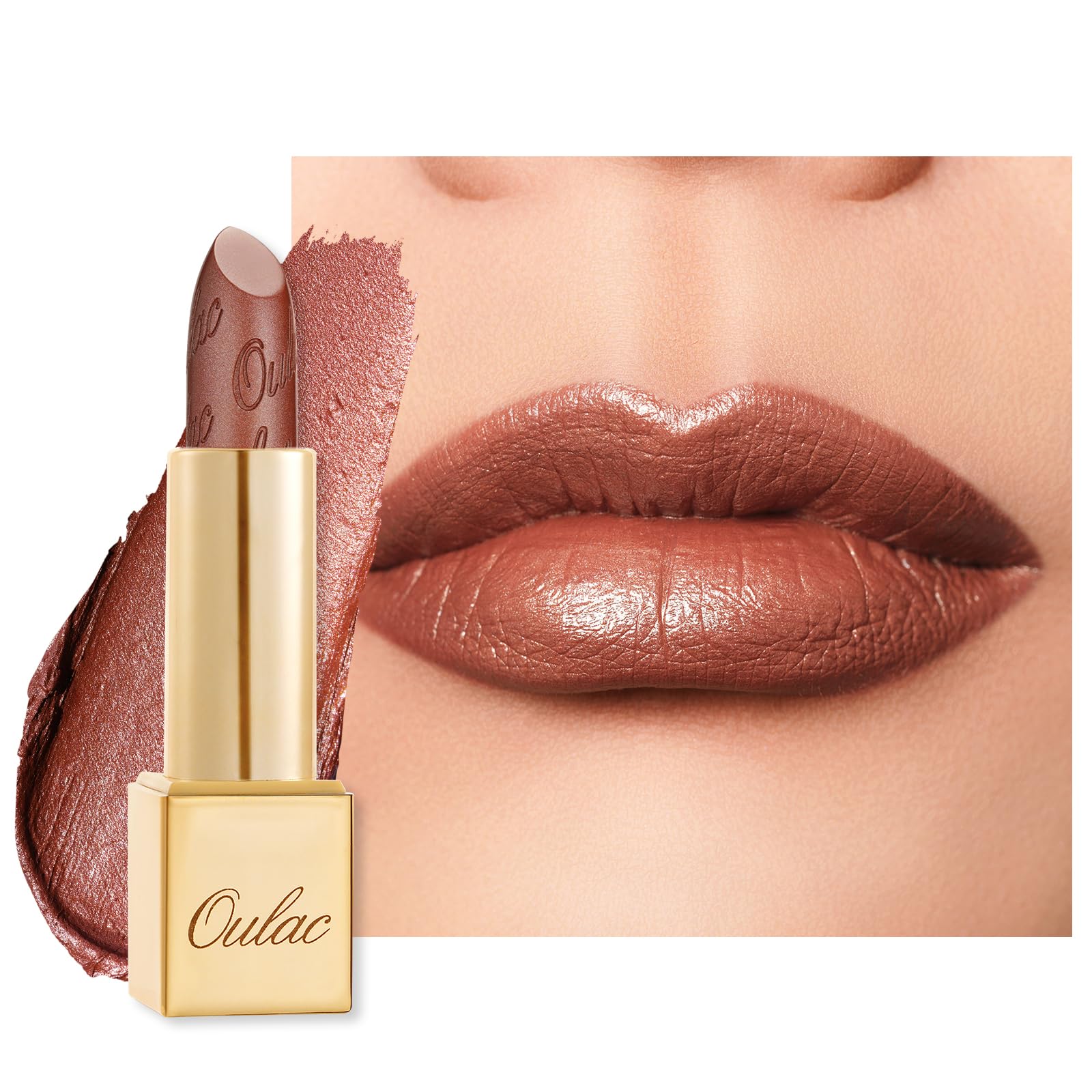 Rouge à Lèvres Métallique Brillant Oulac - Nuance Pêche Pailletée, Effet Hydratant Et Longue Tenue, Neuf