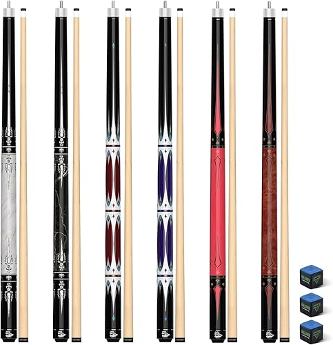 Juego de 6 tacos de billar de 58 pulgadas, 2 piezas, de arce comercial, 18, 19, 20, 21 onzas, palo de billar de 0.512 in con tizas