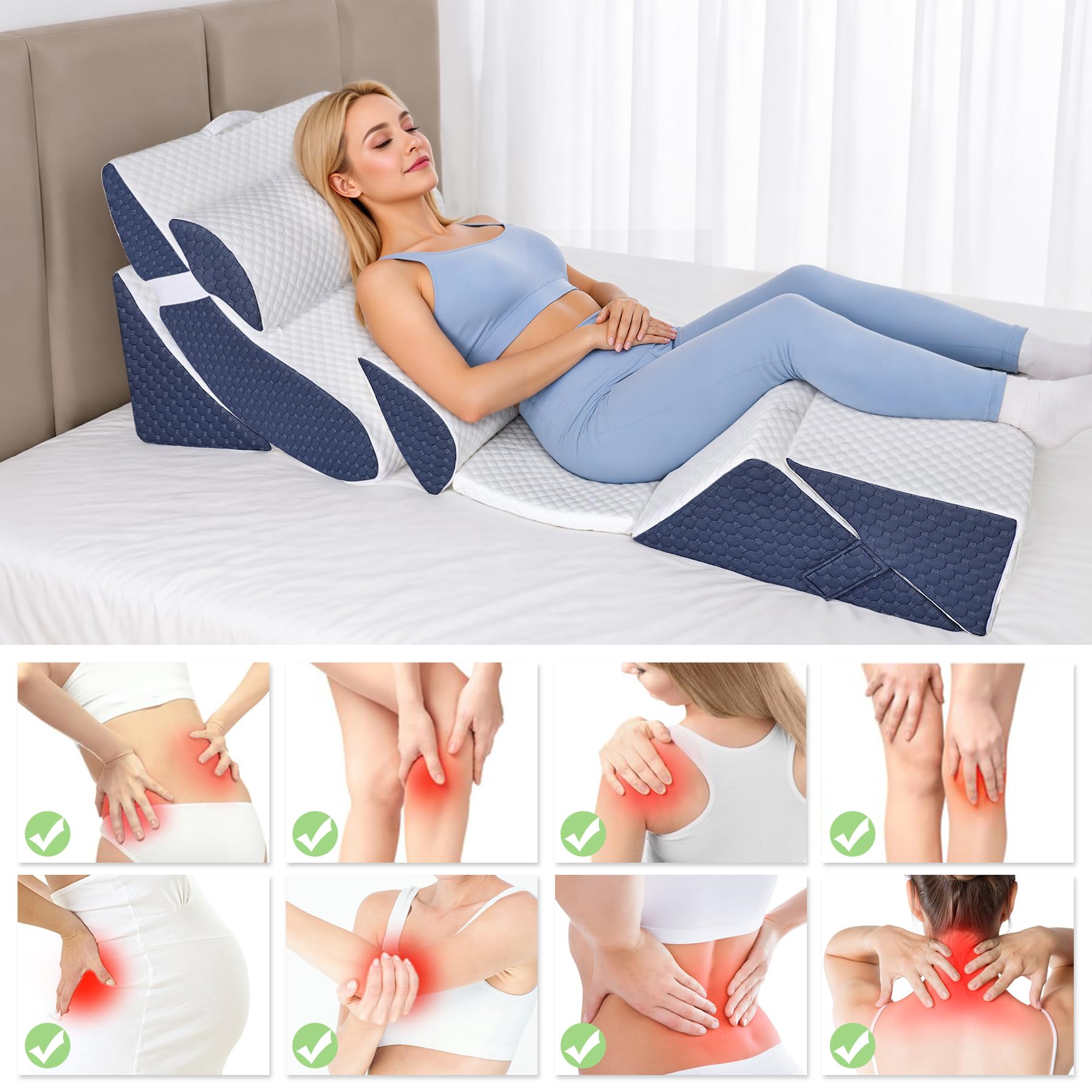 7pcs Verstellbares Keilkissen Set, Lesekissen für Rücken Nacken & Beine | Ergonomisches Bettkeil aus Hochdichteschaum für Reflux Schlafapnoe, Beinkissen & Rückenkissen beim Spielen, Lesen