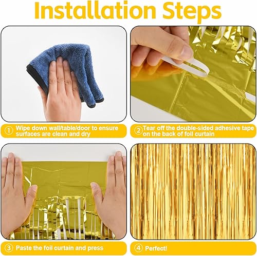 Miniatura 4 de Paquete de 3 cortinas de oropel doradas de 3.3 x 9.9 pies, decoración de telón de fondo de fiesta con flecos metálicos para decoración de despedida