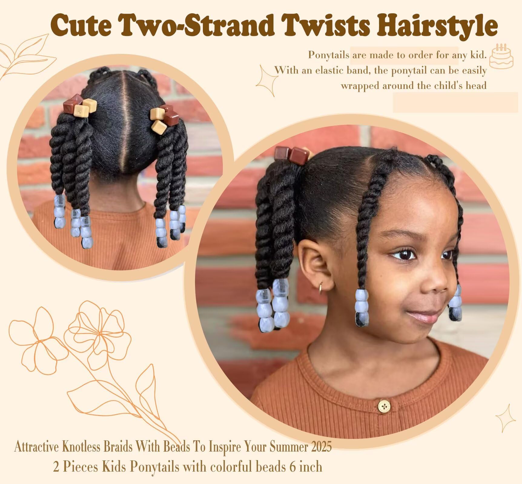 2 Pieces Kids Ponytail With Beads 6inch Two-Strand Twists Braided Ponytails for Kids Braids with Beads Protective Braided Hairstyles for Black Girls(Rose Red Beads)