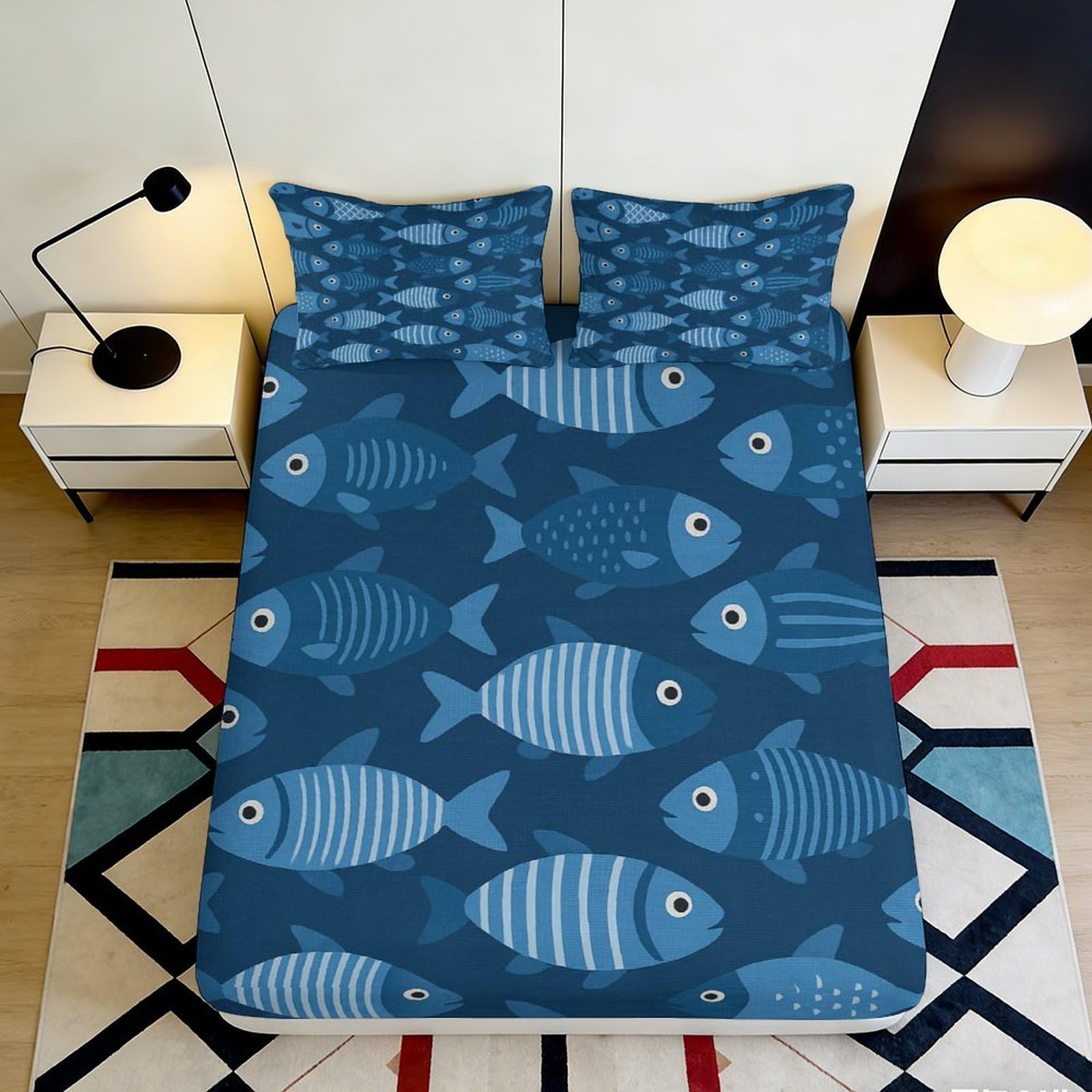 Uynsixtme Style-7 3D Printed Fish Pattern Fitted Sheet Microfiber Deep Pocket Non-Slip Bedding Fish Mattress Fitted Cover Washable For Adult Teen Bedroom 140X200x25cm
