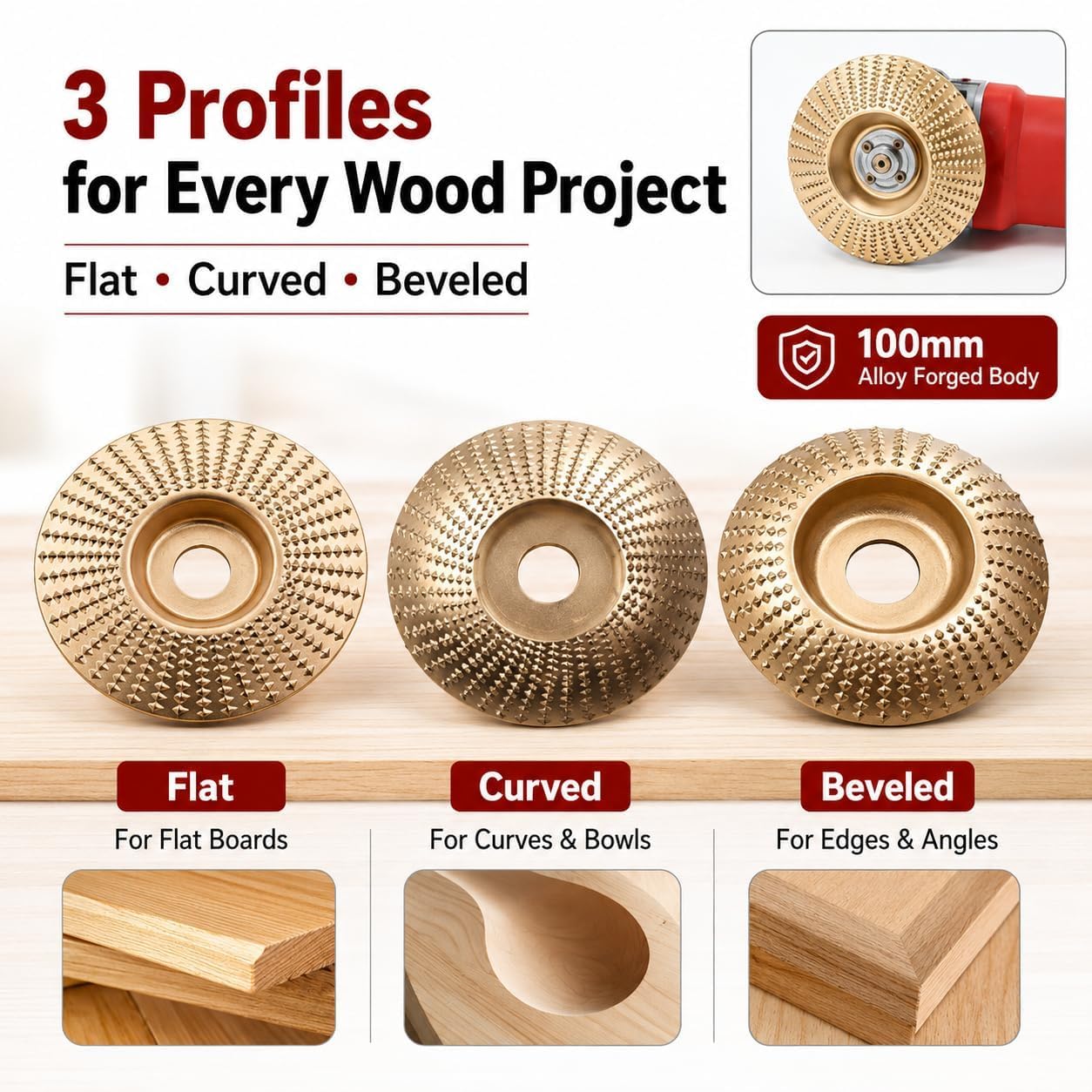 Holzschleifscheibe 125 mm für Winkelschleifer, Wolframcarbid Schleifscheibe Holz, Professionelle Holzschnitzscheibe & Wolframcarbid Schleifer für Holzwerkzeuge (3_Flache Oberfläche)