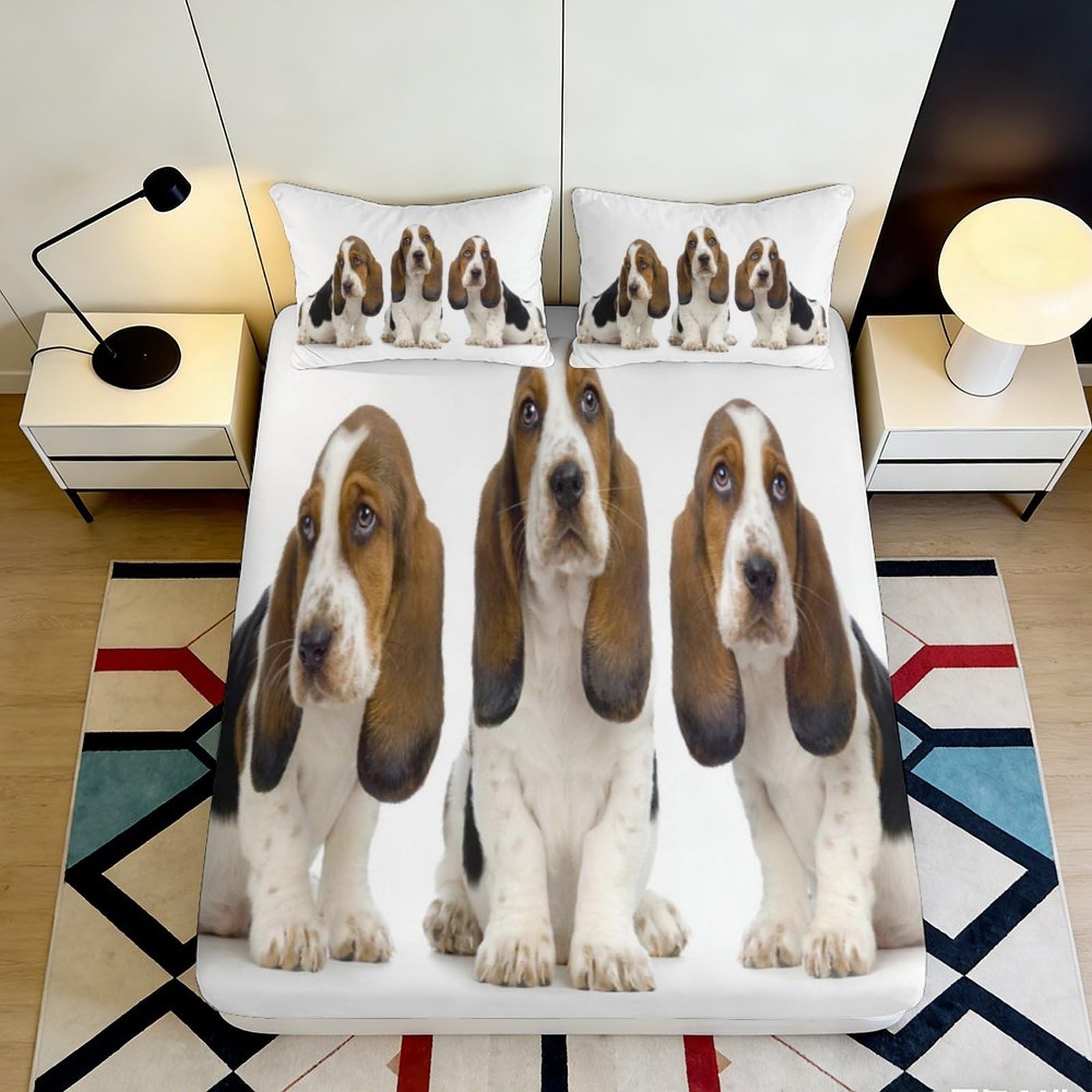 3D Printed Basset Hound Dog Fitted Sheet Microfiber Soft Breathable Puppy Mattress Cover for Bedroom Guest Room 90x200x25cm
