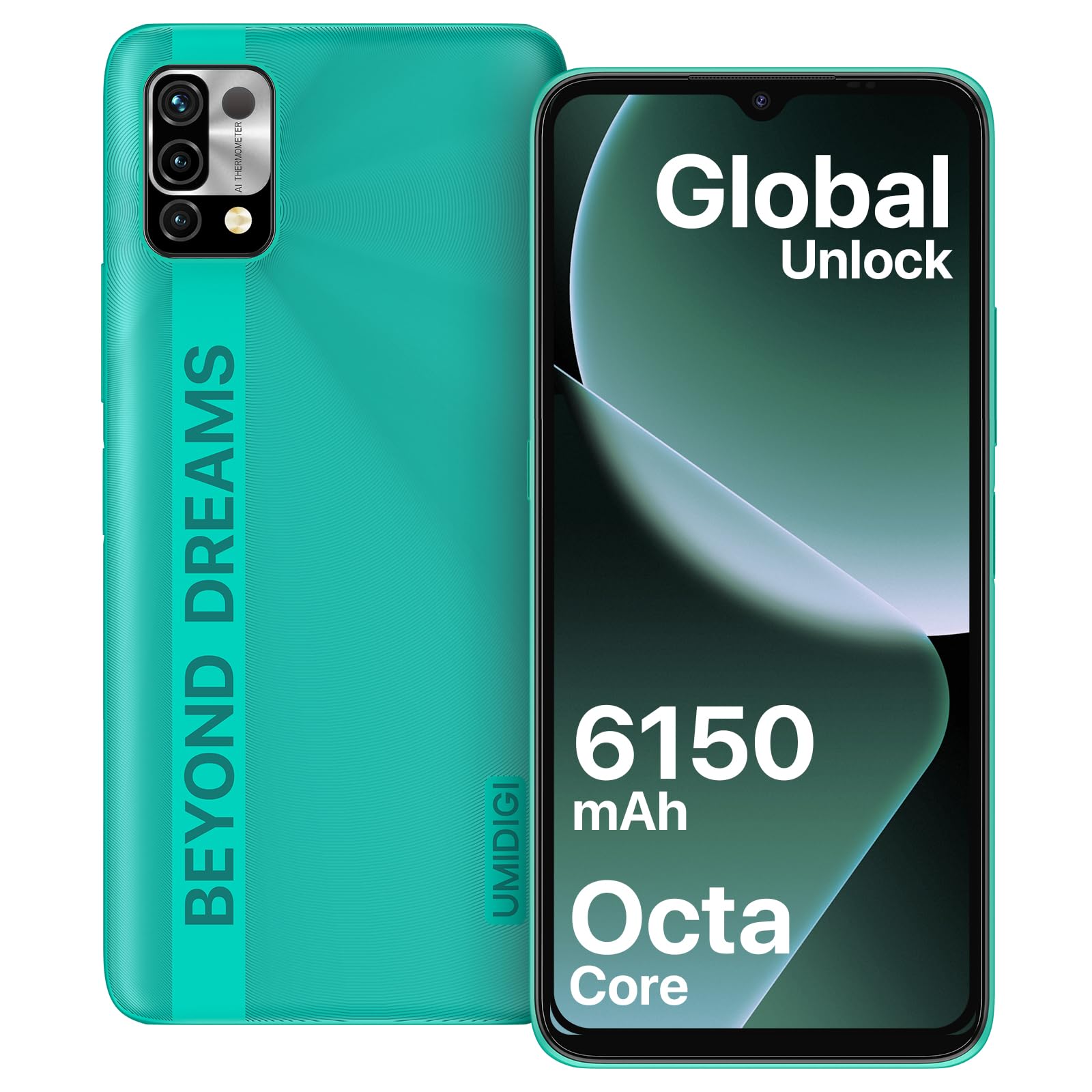 UMIDIGI Smartphone Ohne Vertrag,3GB+64GB Handy Günstig,5000mAh Akku,Android Handy ohne vertrag,6,53" HD+ Display,Octa Core,16MP+8MP,3-Kartenfächer,Dual SIM 4G Handys/OTG(Grün)