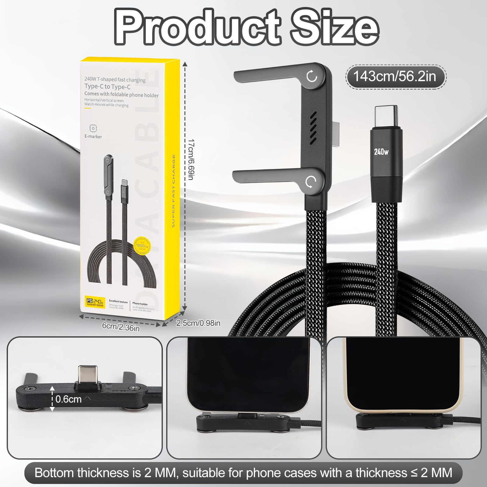 Noaya 2-in-1 Invisible Stand Charging Cable - 240W Fast Charging Cable, 4.9FT Multi Charger Cord with Type C, T-Shaped Foldable Stand for Smartphones,Tablets,Laptops(1PCS) Office Product 2512-02 - 2