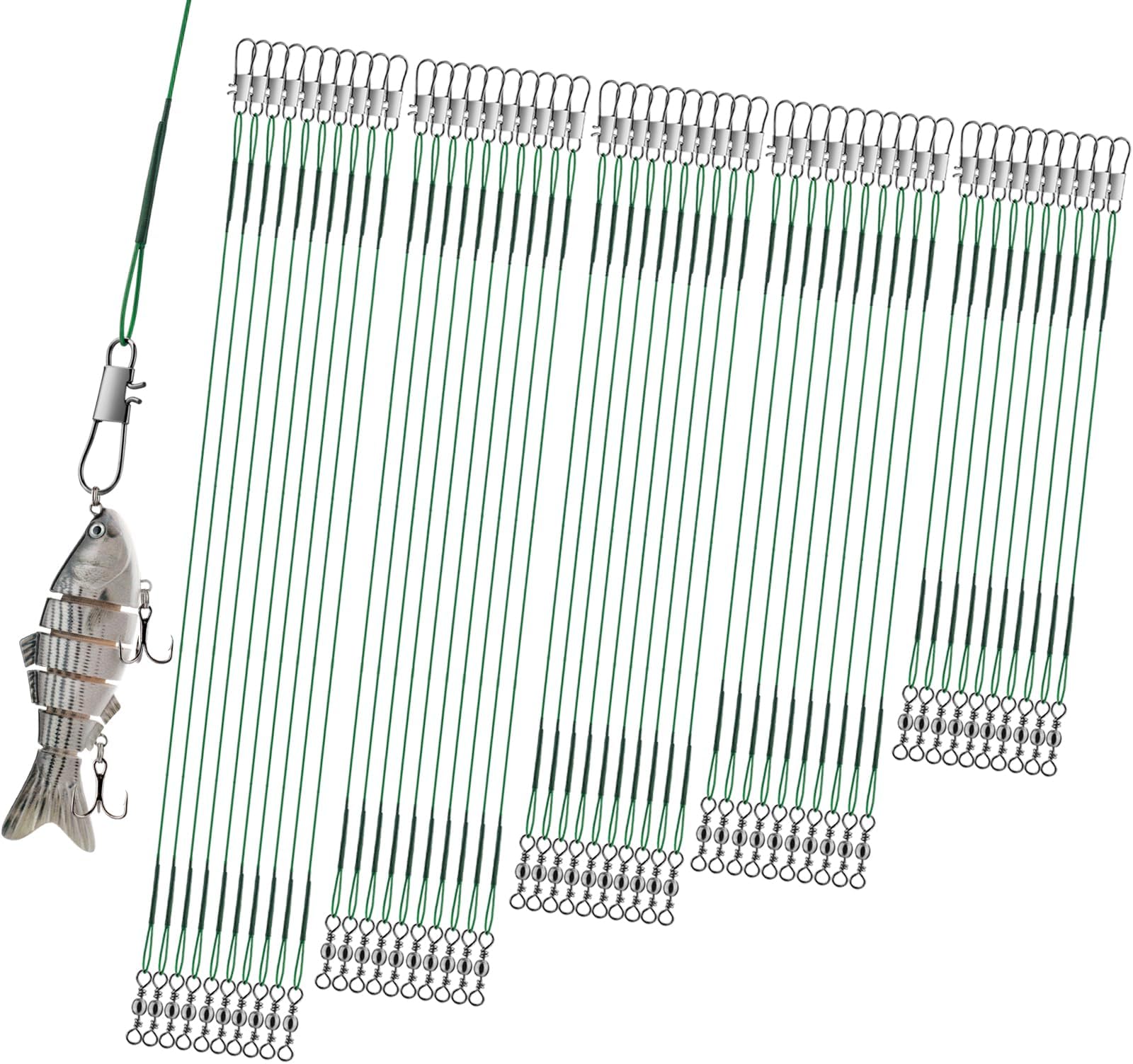 50Pcs Stainless Steel Fishing Leaders with Swivels Snap Connect Kit High Strength Fish Line Wire Leaders for Fishing Saltwater 4/6/8/10/12inch Fishing Wire Leader Line for Lure Bait Rig Hooks