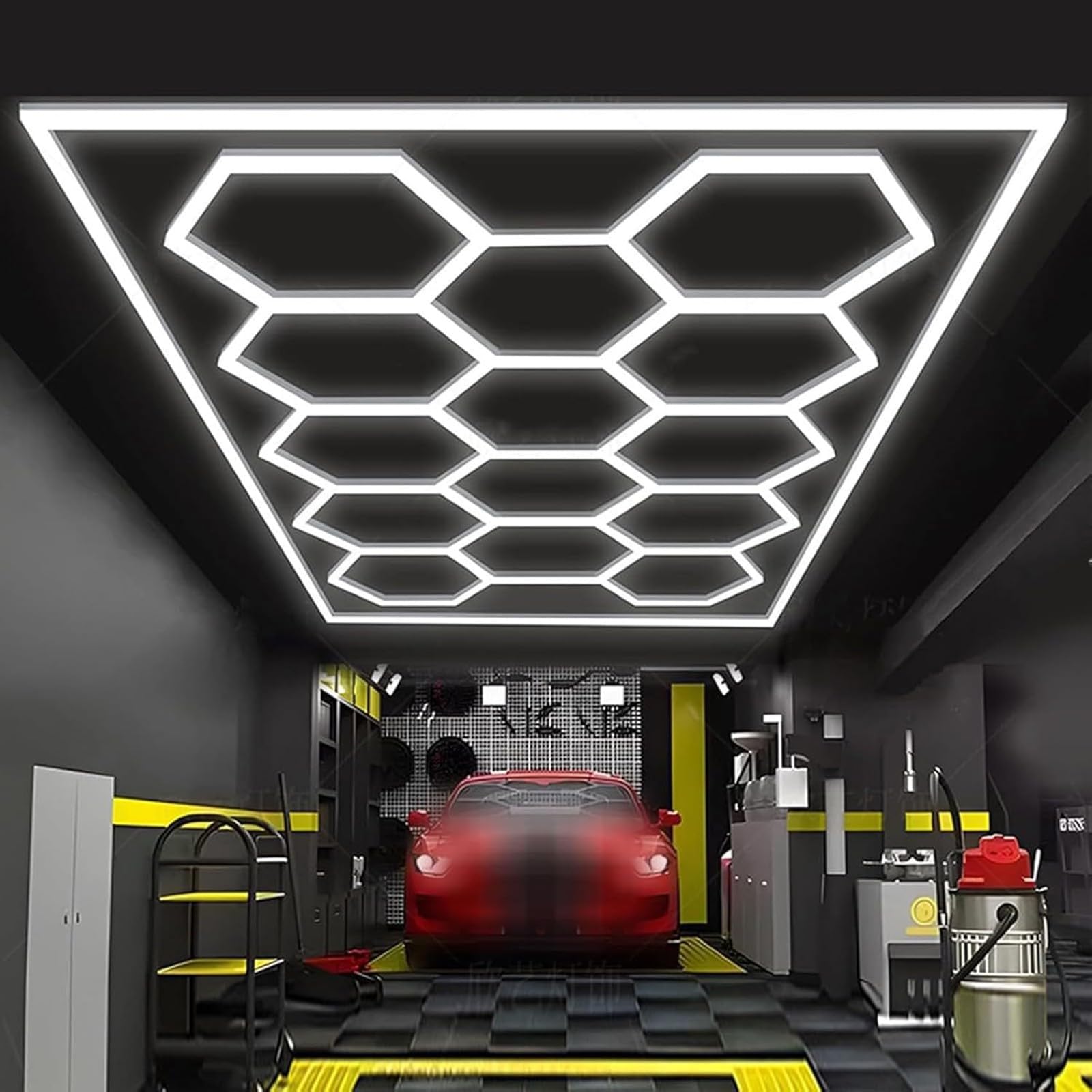 Systèmes d'éclairage LED nid d'abeille, éclairages hexagonaux ultra-lumineux à monter soi-même, tubes lumineux pour garage, plafonnier LED hexagonal pour garage 6500 K 14 HEX
