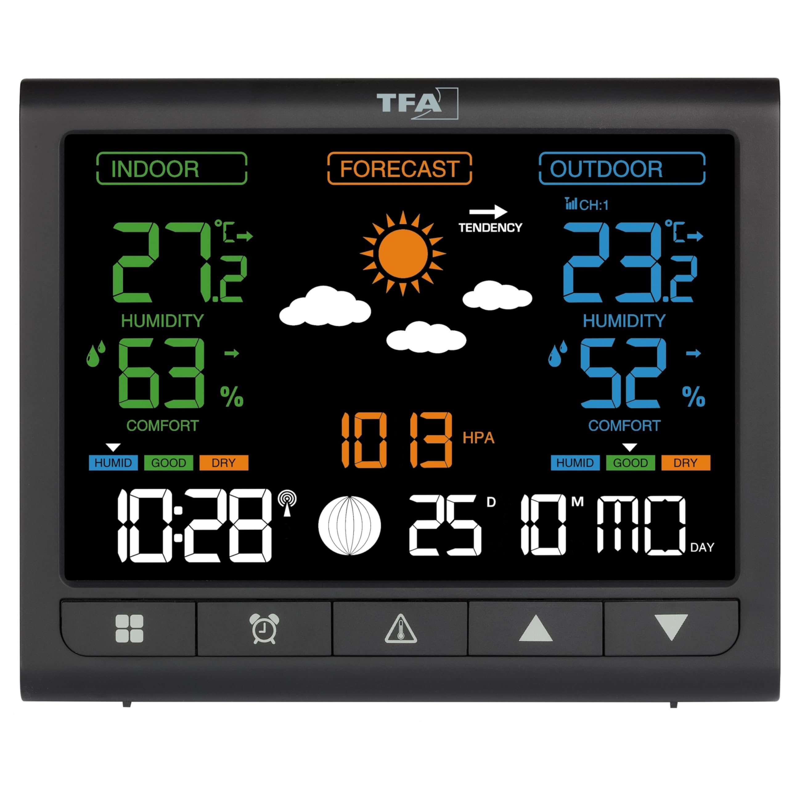 TFA Dostmann stazione meteo con sensore esterno con display VA Contrast, 35.1171, termometro e igrometro per interni/esterni, previsioni meteo, allarme temperatura, orologio, nero