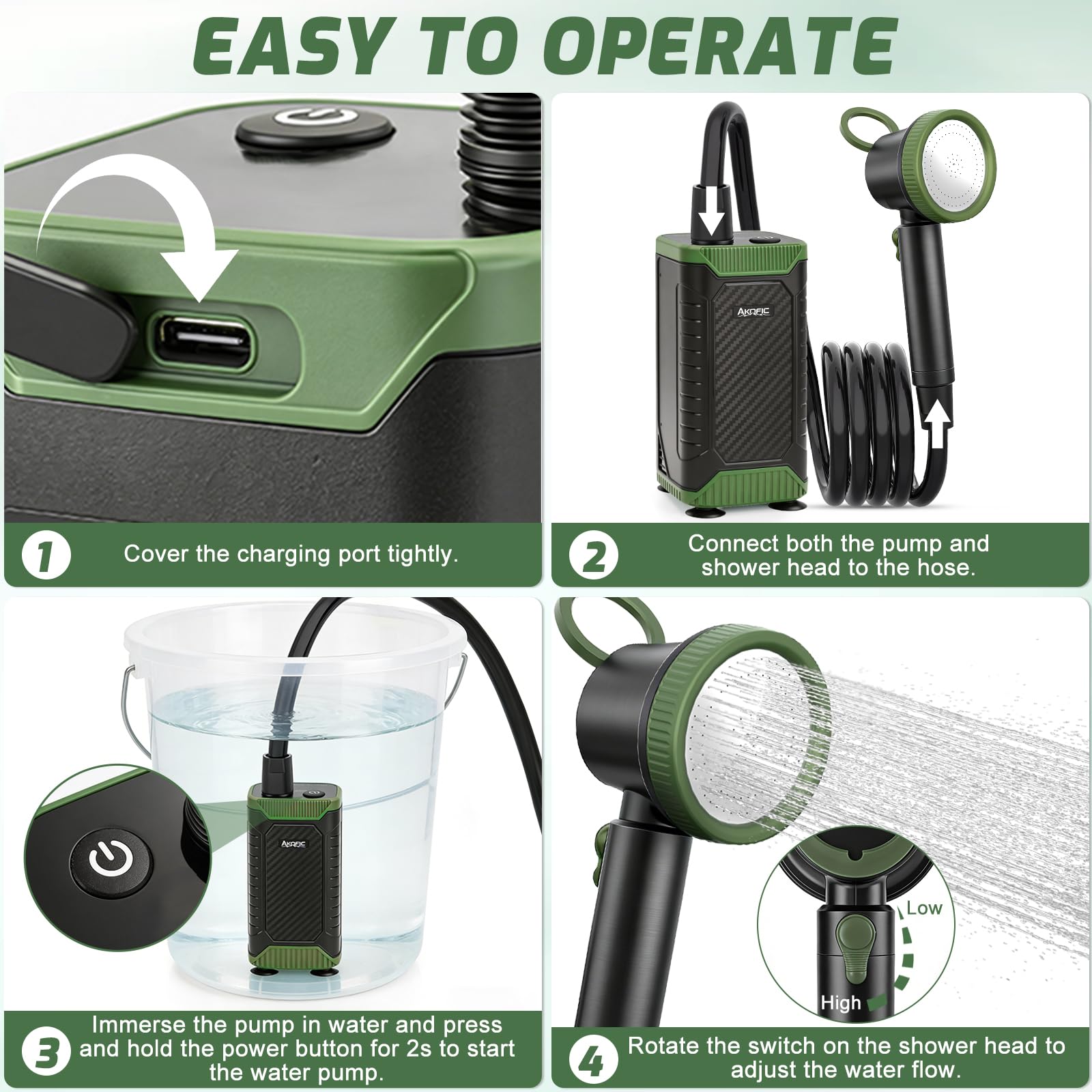 Douche Camping, Kit Douche Portable, 8000mAh Pompe Douche Électrique Rechargeable avec Afficheur Intelligent et Pomme de Douche, Douche de Exterieur pour Camping, Randonnée