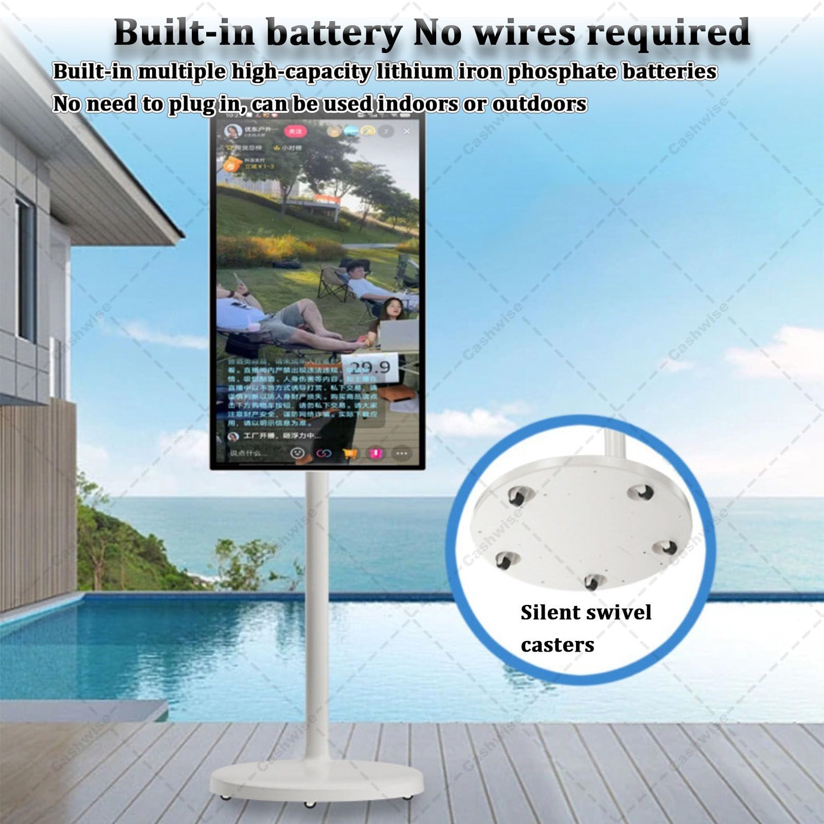 TV Portable Intelligent de 21,5 Pouces 4K, 6G + 128G Storage, Android 14 OS, TV Roulant sur Roues avec écran Tactile Rotatif, Batterie intégrée, Rotation pivotante complète 6+128G