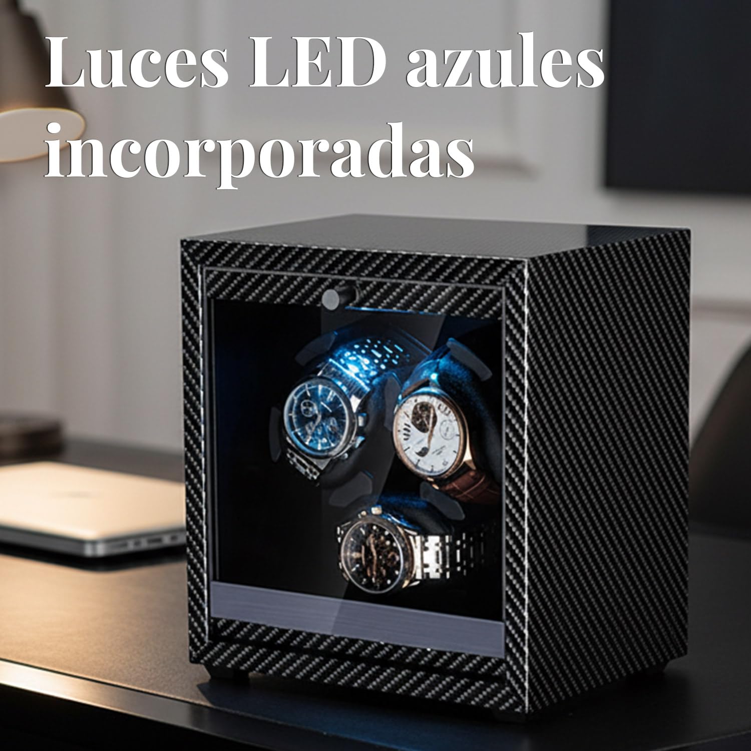 Mcbazel Cajas Giratorias para Relojes con luz LED, Motor Silencioso Watch Winder, Elegante Caja Enrollable Automática para 3 Relojes de hasta 45 mm, 4 Modos de Rotación y Alimentación por USB CC