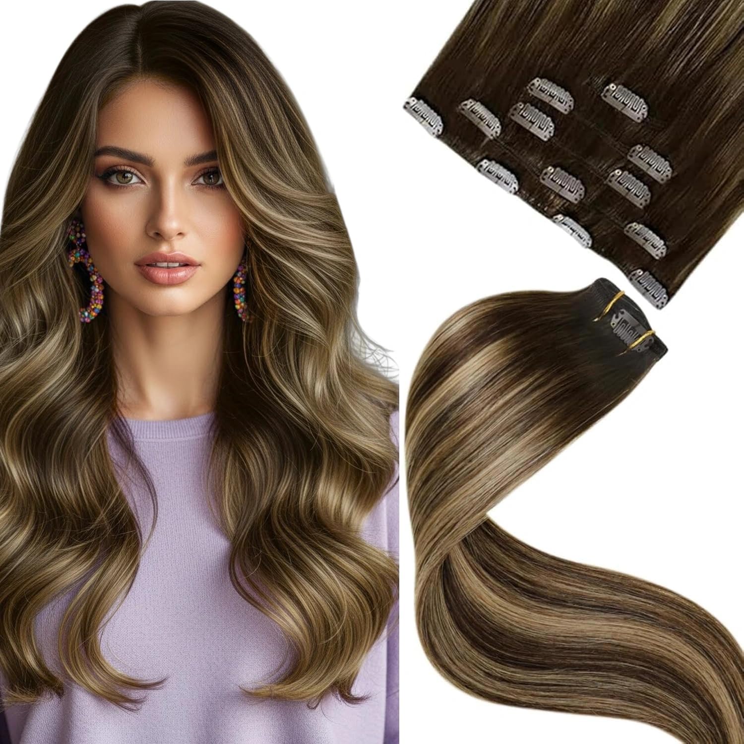 LaaVoo Hair Extensions Clip in Real Human Hair Brown Clip in Hair Extensions Dark Brown Full Head 16 Inch 120g 7pcs Remy Straight Hair Double Weft #4 — view 87