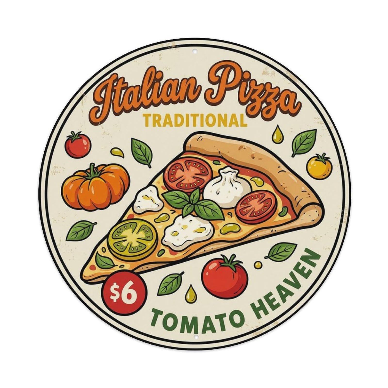 Cwbufd Vintage Style Vintage Pizza Slice Italian Traditional Cuisine Tomato Vintage Metal Tin Sign Plaque Wall Decor For Cafe, Club Bar, Office, Garden Metal Poster 8X8inch