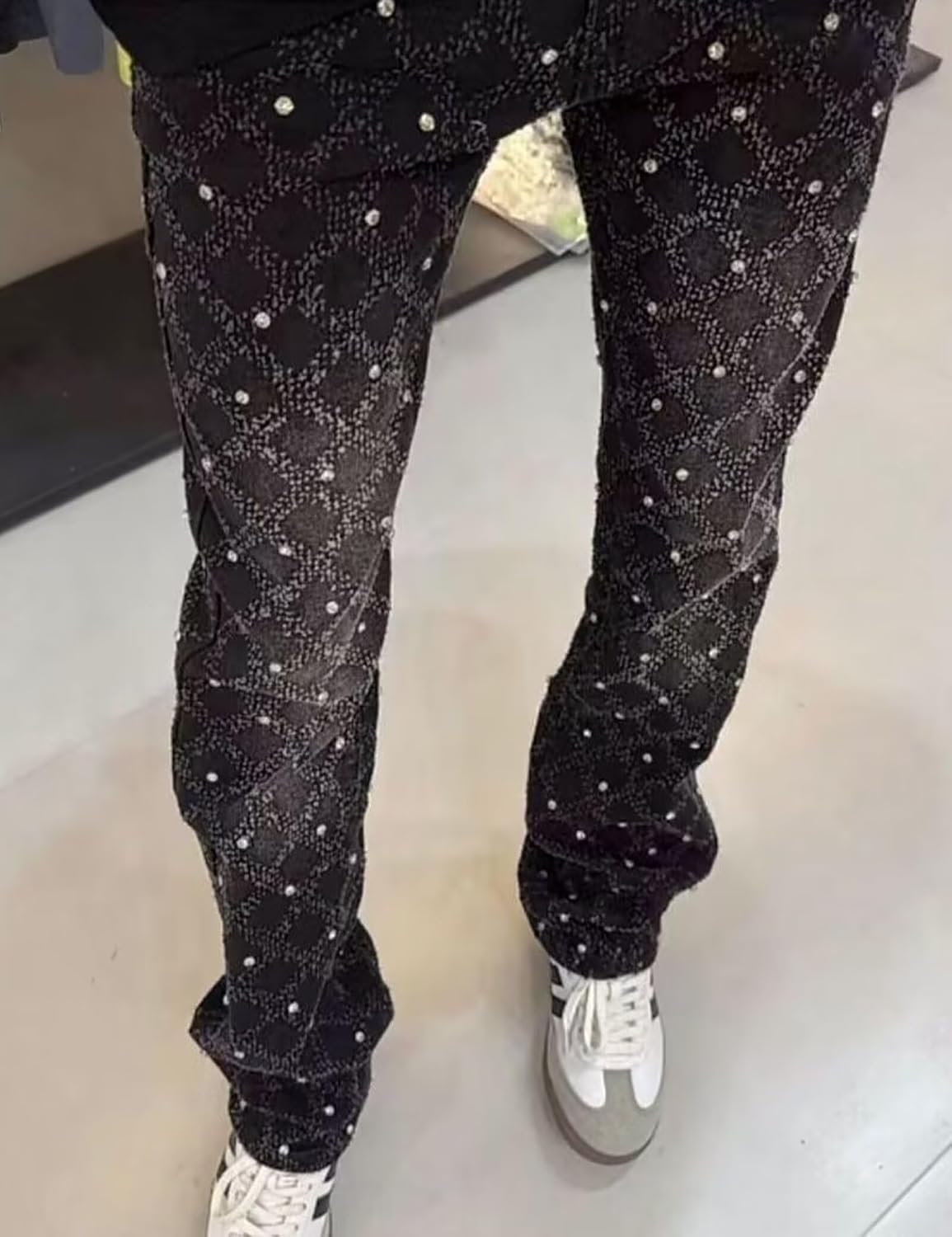 FCOOLYEET Mens Slim Fit Stacked Rhinestone Jeans Destroyed Straight Denim Pants Black Ripped Jeans for Men