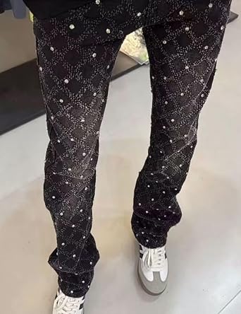 FCOOLYEET Mens Slim Fit Stacked Rhinestone Jeans Destroyed Straight Denim Pants Black Ripped Jeans for Men