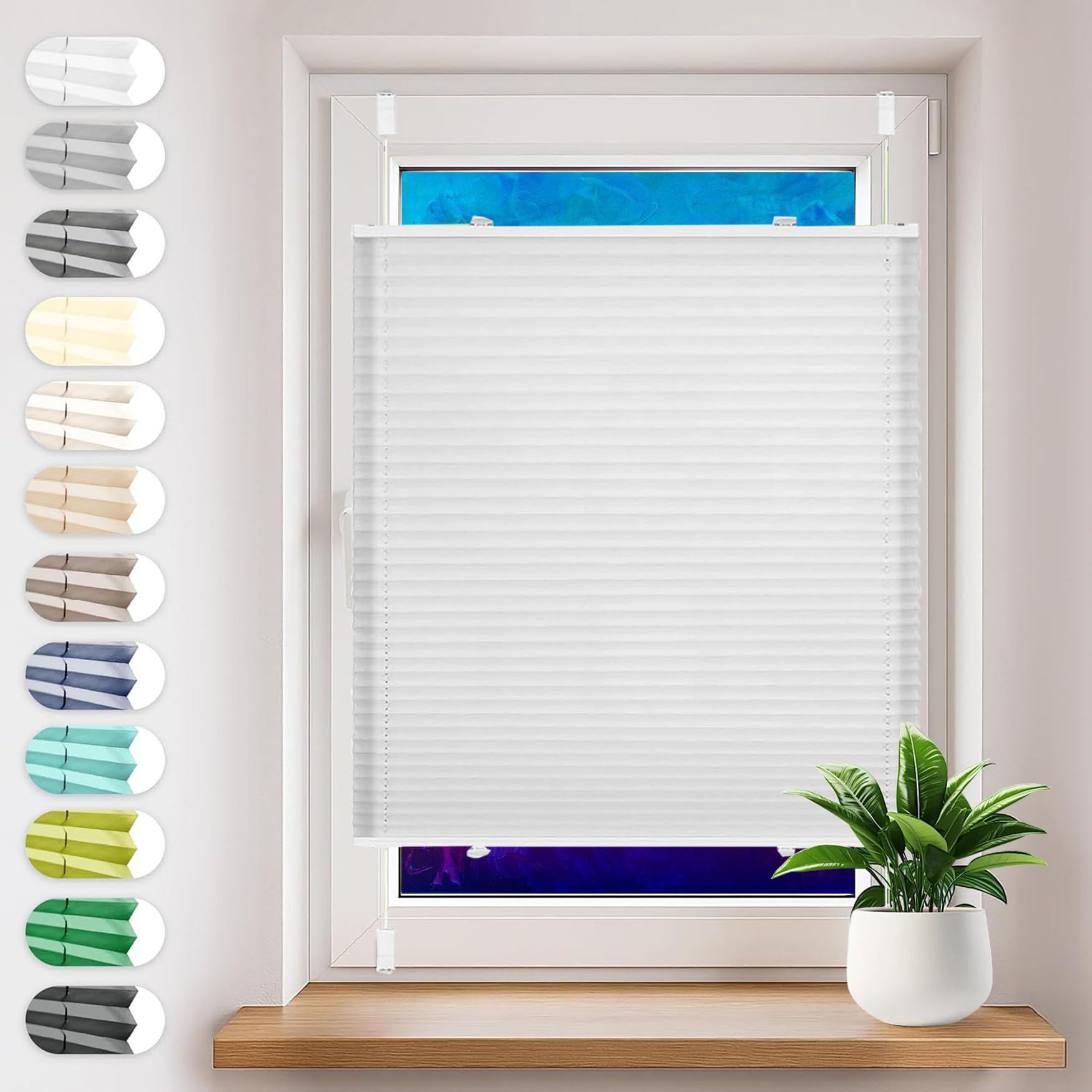 Estor Plisado sin Taladrar 50 x 200 cm Filtrado de Luz y Protección Visual Solar UV Persianas Plisadas sin Taladrar con Soportes de Sujeción para Ventanas y Puertas, Blanco