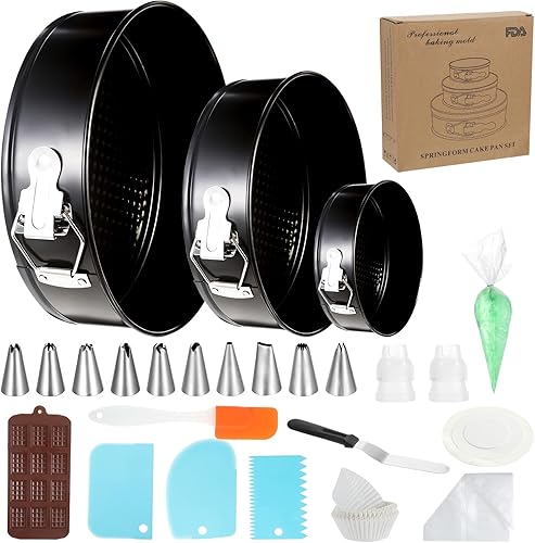 Juego de 131 moldes para tartas de molde desmontable para hornear, kit de decoración de pasteles antiadherentes (4, 7, 9 pulgadas), bolsas de