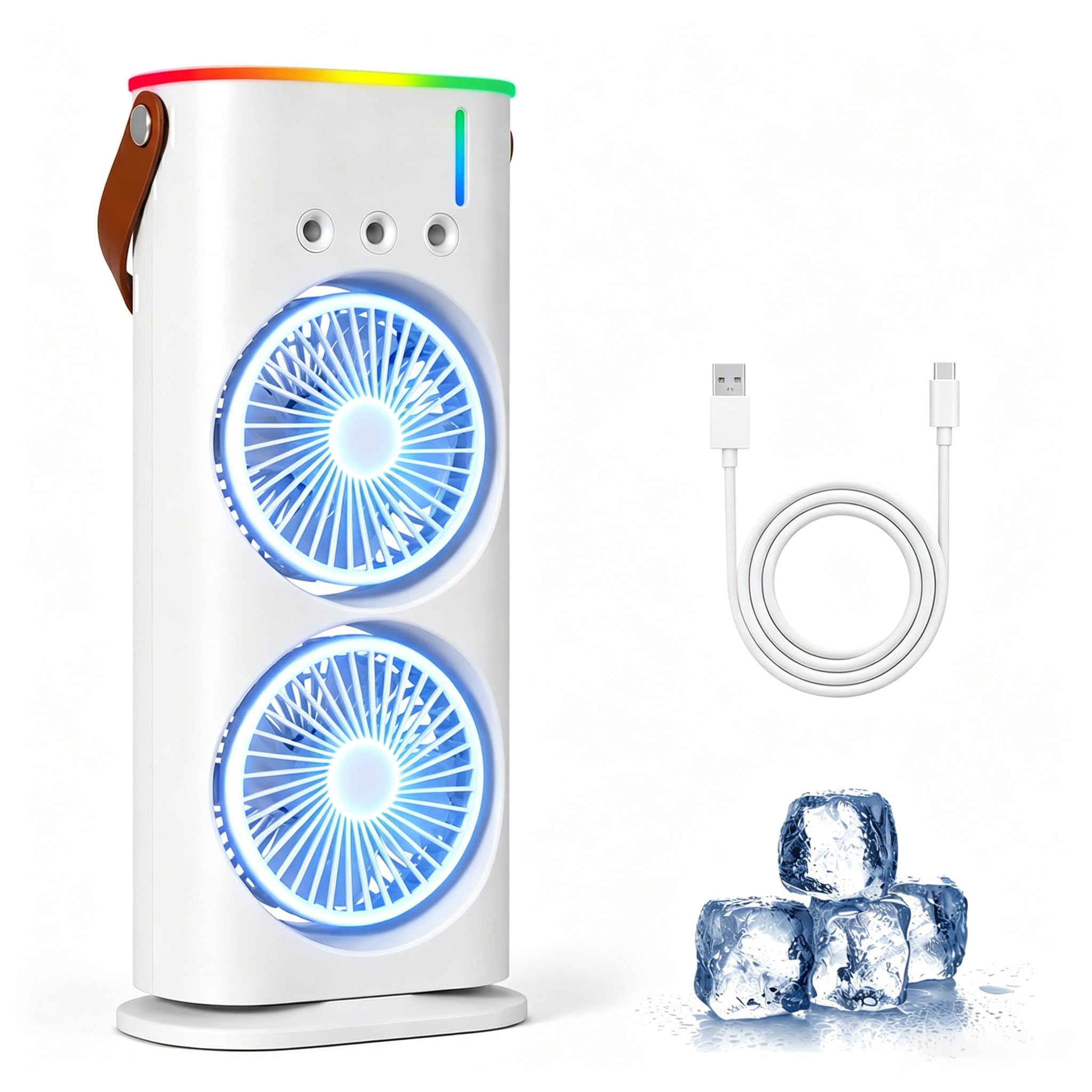 Mobile Klimaanlage 4 in 1, Luftkühler Ventilator USB, Mini Klimagerät mit 280ml Wassetank, Luftbefeuchter, LED -Licht, 3 Geschwindigkeiten, 3 Nebelmodi, Luftreiniger für Hause, Büro, Reisen