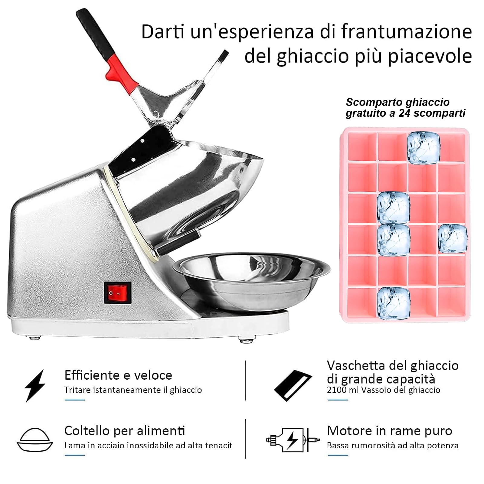 Tosucs Tritaghiaccio Elettrico 300W, 80 kg/h Elettrico Macchina del Ghiaccio con Ciotola,Tritaghiaccio a Doppia Lama, Acciaio Inossidabile,per Uso Domestico e Commerciale(Bianco Argento)