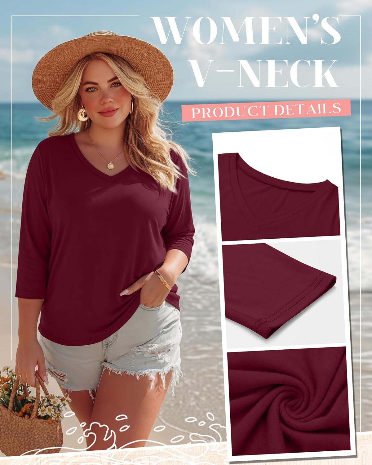 Ficerd 3 Pack Cotton Plus Size 3/4 Sleeve Tops for Women V Neck T-Shirts Casual Loose Fit Trendy Basic Tees Clothes