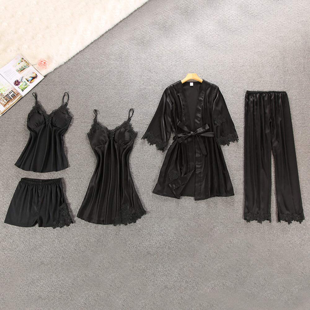 Pajamas Set Ladies,Home 5 Pcs with Pad Sexy Lace Pajamas Set Nightgown + Vest + Pants Set Lace Pijama for Women Black Fashion Casual Loose and Soft Plus Size Pajamas Set,Picture,M