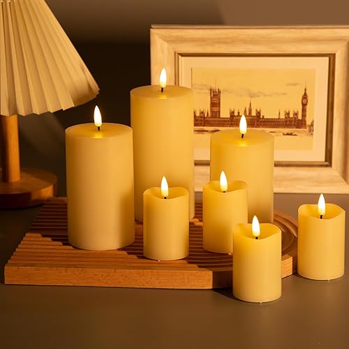 Miniatura 5 de Eywamage Velas votivas sin llama con pilas remotas incluidas, juego de 7 velas eléctricas LED, ABS realistas parpadeantes+cera de parafina, marfil