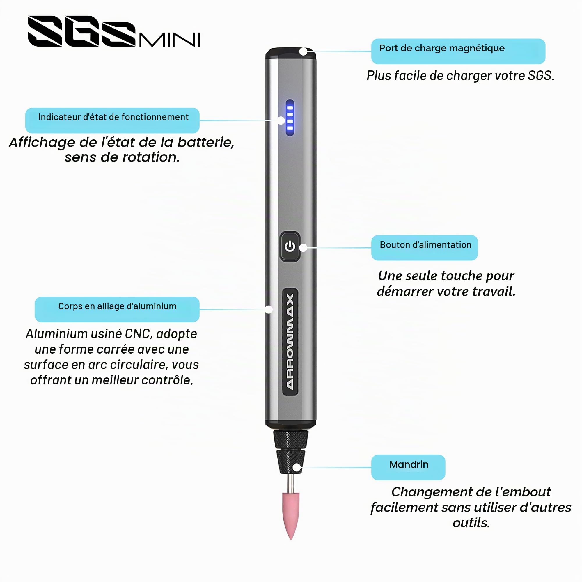 ARROWMAX Stylo de gravure électrique, stylo de polissage avec 36 mors, boîtier en aluminium, Bluetooth, APP, charge magnétique sans fil, machine à graver sans fil pour bijoux (SGS MINI)