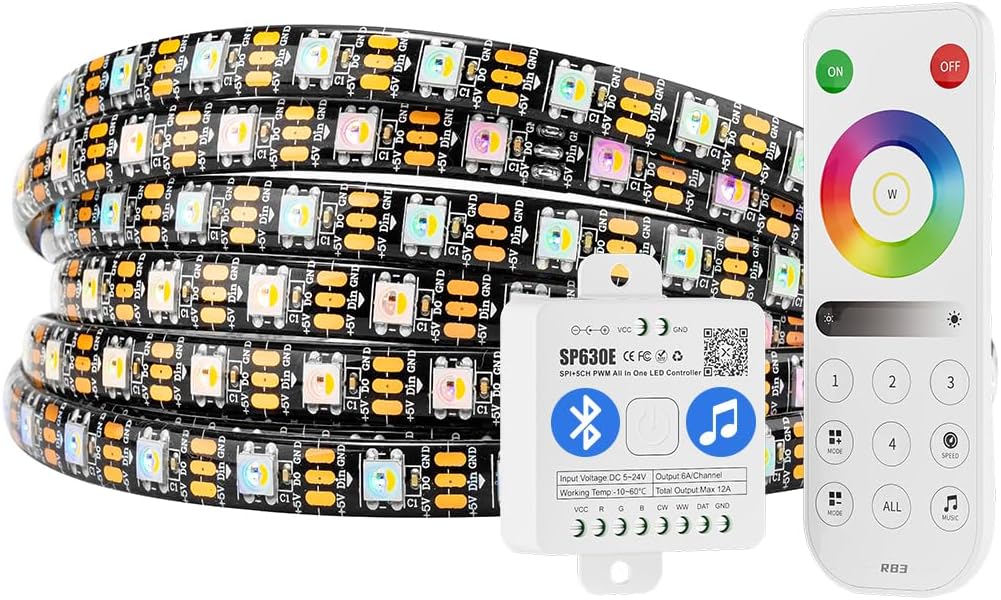 BTF-LIGHTING RGBW RGB+Natural White SK6812(Similar WS2812B) Individual Addressable 16.4ft 60LED/m 4 Colors in 1 LED Strip IP65 DC5V, 2.4GHz RF Remote RB3&SP630E Bluetooth Controller Kit(No Adapter)