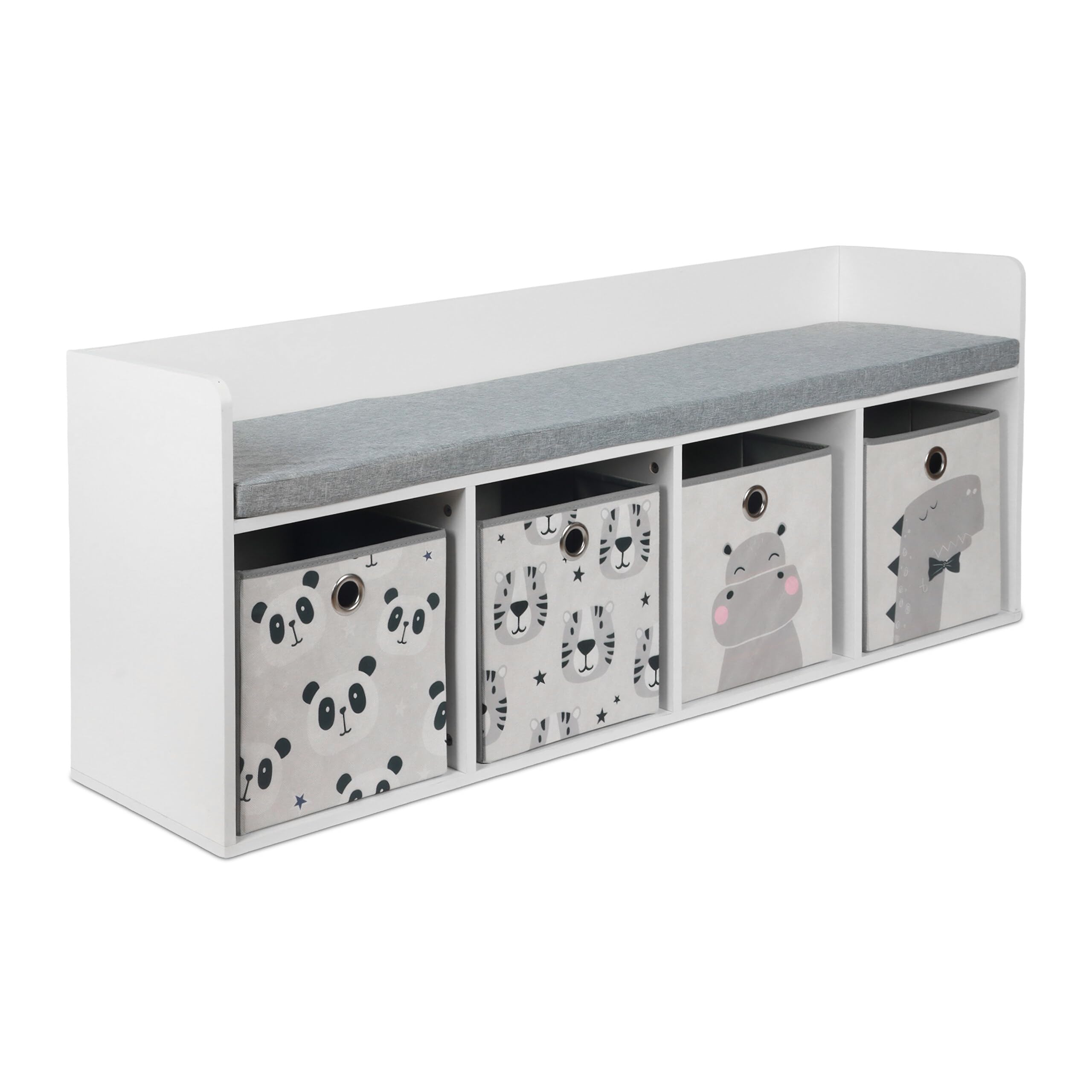 Relaxdays Panca per Bambini con Contenitore, 54x142x32 cm, 4 Casse Pieghevoli, Motivi Animali, Cuscino, Bianco/Grigio