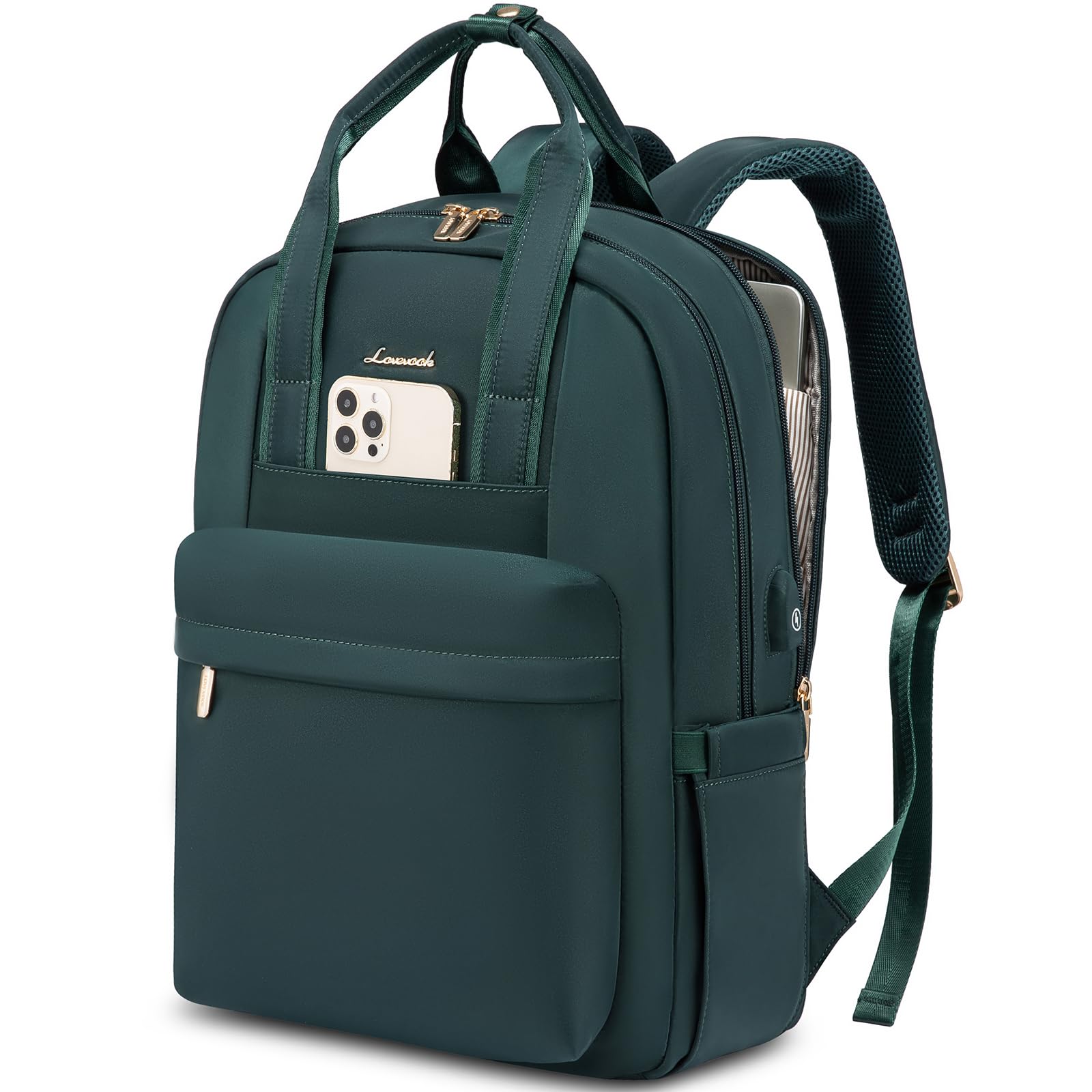LOVEVOOK Laptop Rucksack Damen, 15,6 Zoll Schulrucksack Teenager mit USB Ladeanschluss, Wasserdicht Tagesrucksäcke Reiserucksack, Elegant Travel Backpack Daypack für Schule Büro Reise, Dunkelgrün