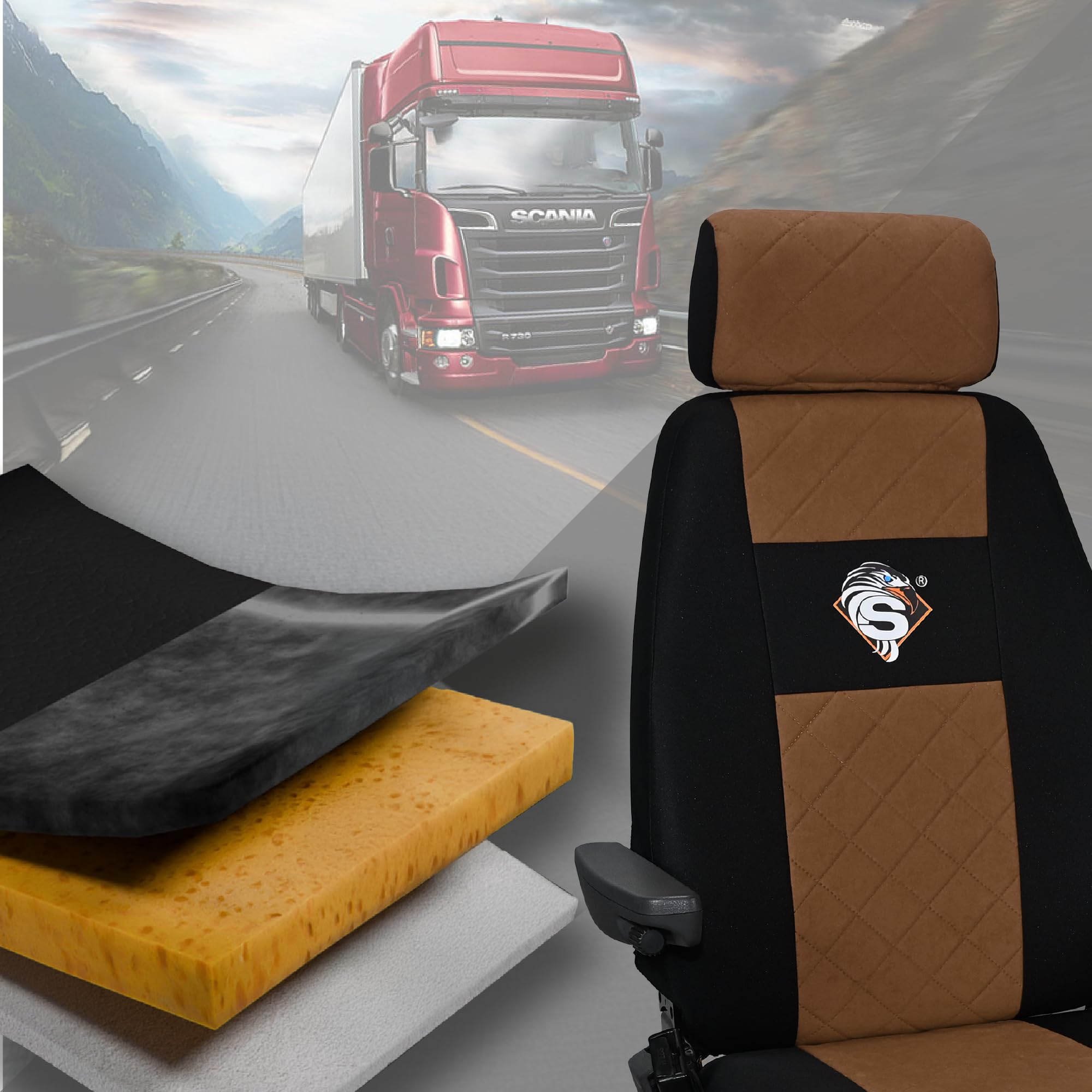 SABA Funda de Asiento para Scania Serie R Desde 2013, Serie S Desde 2017, Asientos Individuales, Asiento del Conductor Premium - CONFIGURACIÓN B Marrón Accesorios de protección