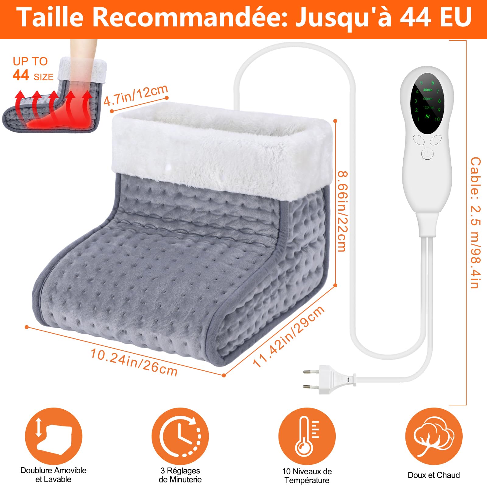 Biutee Chauffe-pieds électrique, chauffe pied 10 Niveaux de Température 30-60 ℃ et Minuterie 45/90/120 min, Doublure Intérieure Lavable 90 W, Jusqu'à la Pointure 44 Gris Foncé